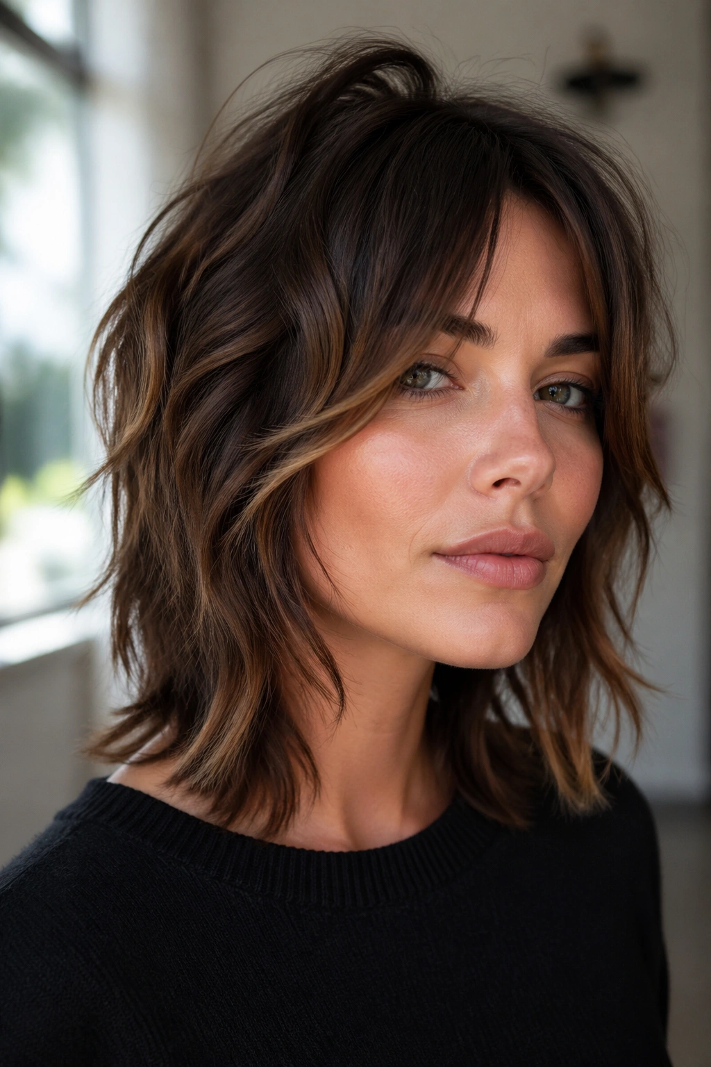 Close-up portrait of a real woman with cheekbone-frame shag framing the cheekbones