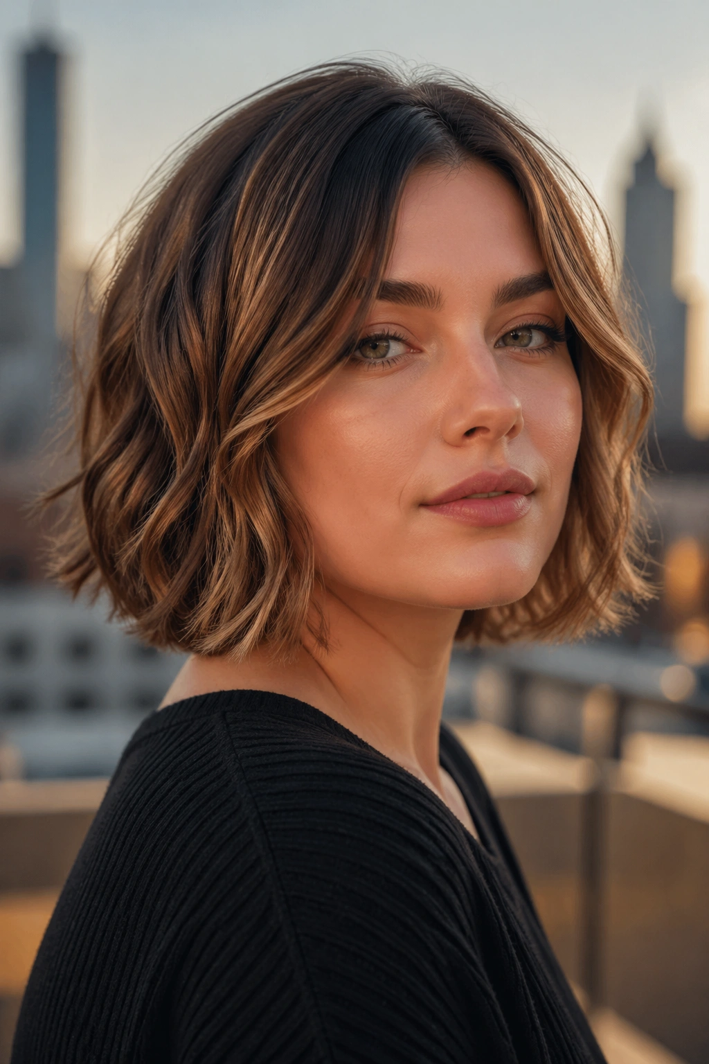 Portrait of a real woman with cheekbone-skimming layers framing the face during golden hour