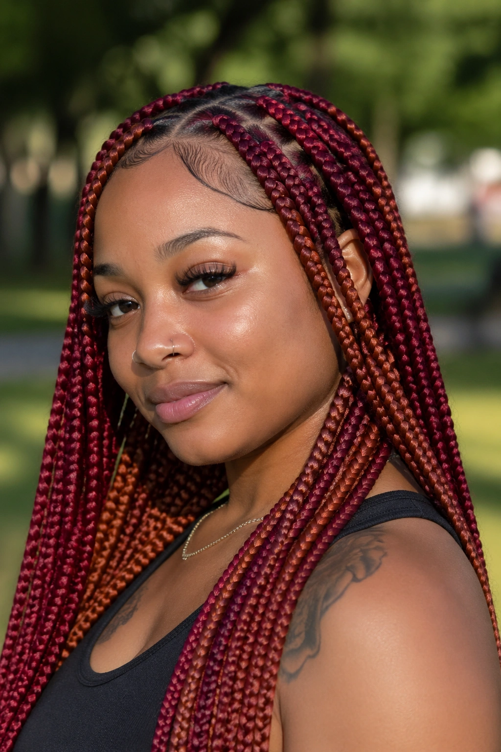 Close-up of a real woman with cherry and auburn two-tone knotless braids