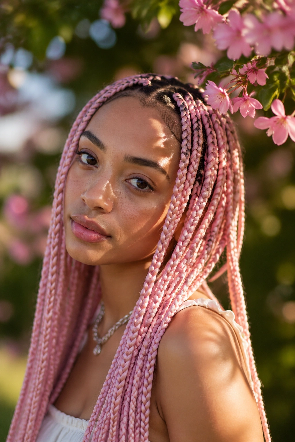Real person with cherry blossom pink box braids in soft outdoor light