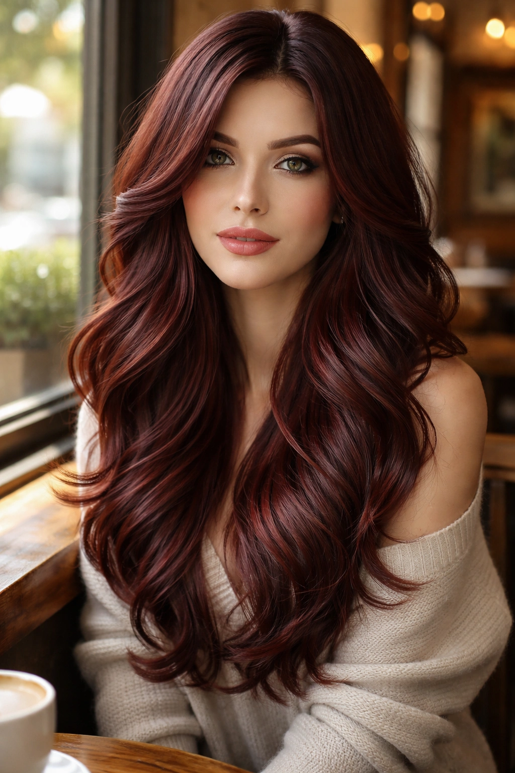 Close-up of a woman with cherry cola long layered hair in a sunlit cafe setting.
