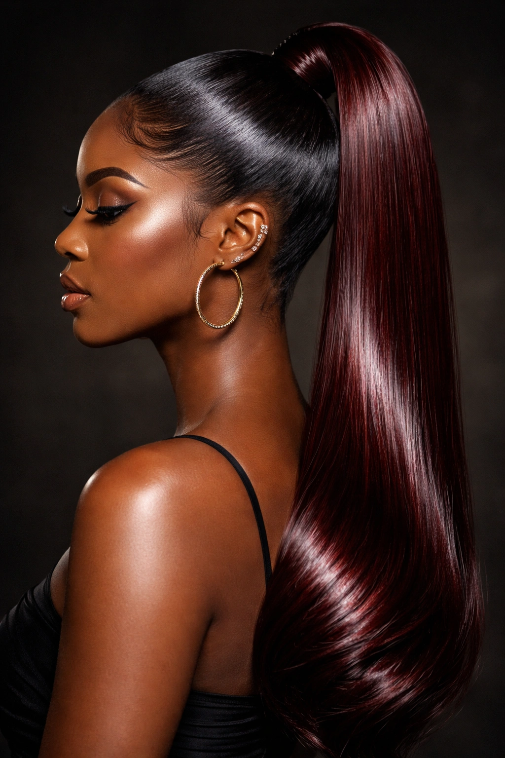 Deep cherry-red sleek ponytail with glass-like shine and reflections.