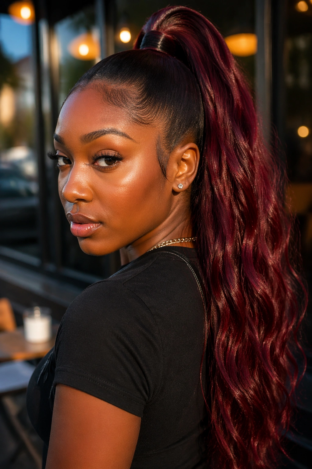 Close-up of a real Black woman with cherry cola ombre ponytail in moody light