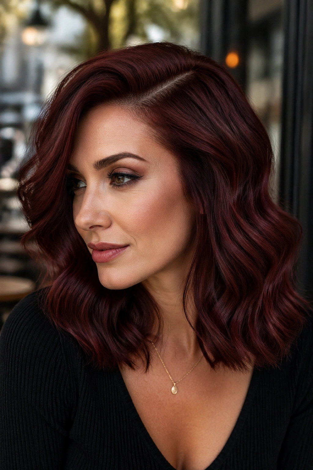 Close-up of a woman with cherry cola red shoulder-length waves and a deep side part in cafe light