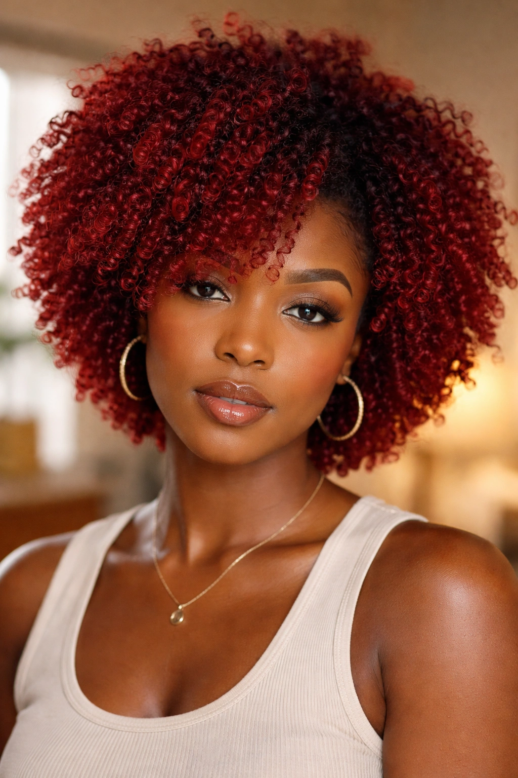 Real woman with cherry red color on 4b textured curls