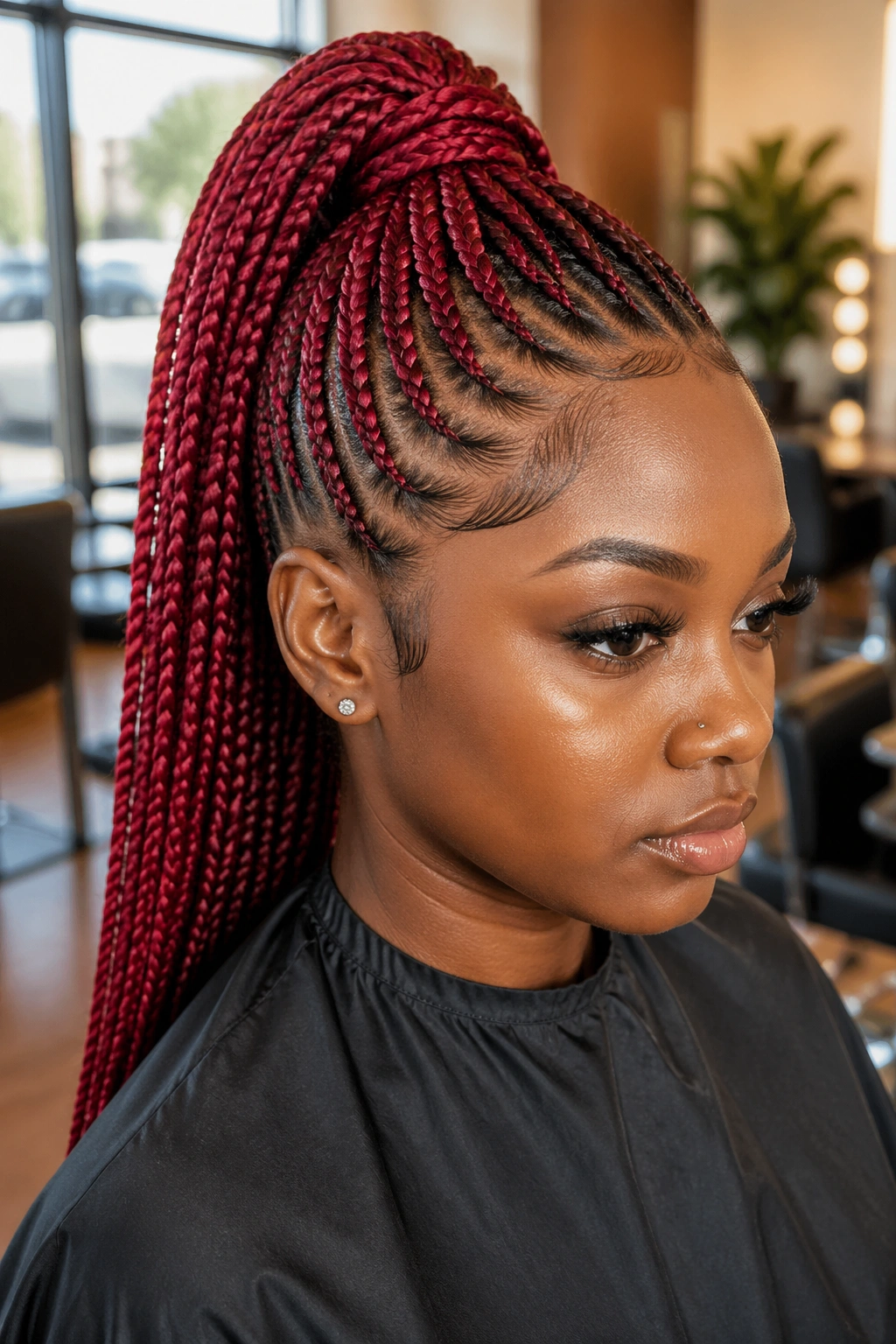 Close-up of a real Black woman wearing a cherry-red high feed-in braided ponytail at the crown.