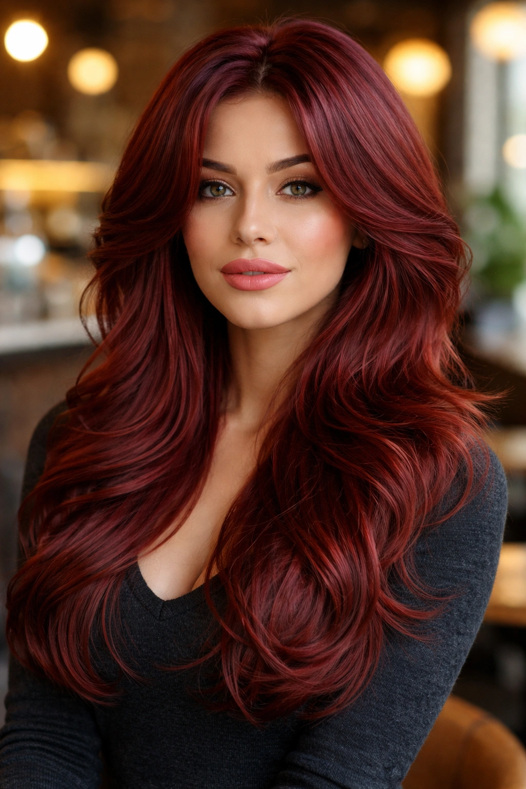 Close-up portrait of a real woman with cherry red butterfly layers and waves.