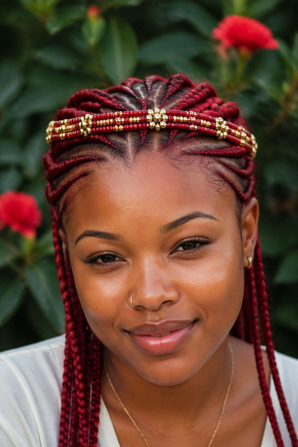 Close-up of cherry red cornrows with beaded crown detail on a real person