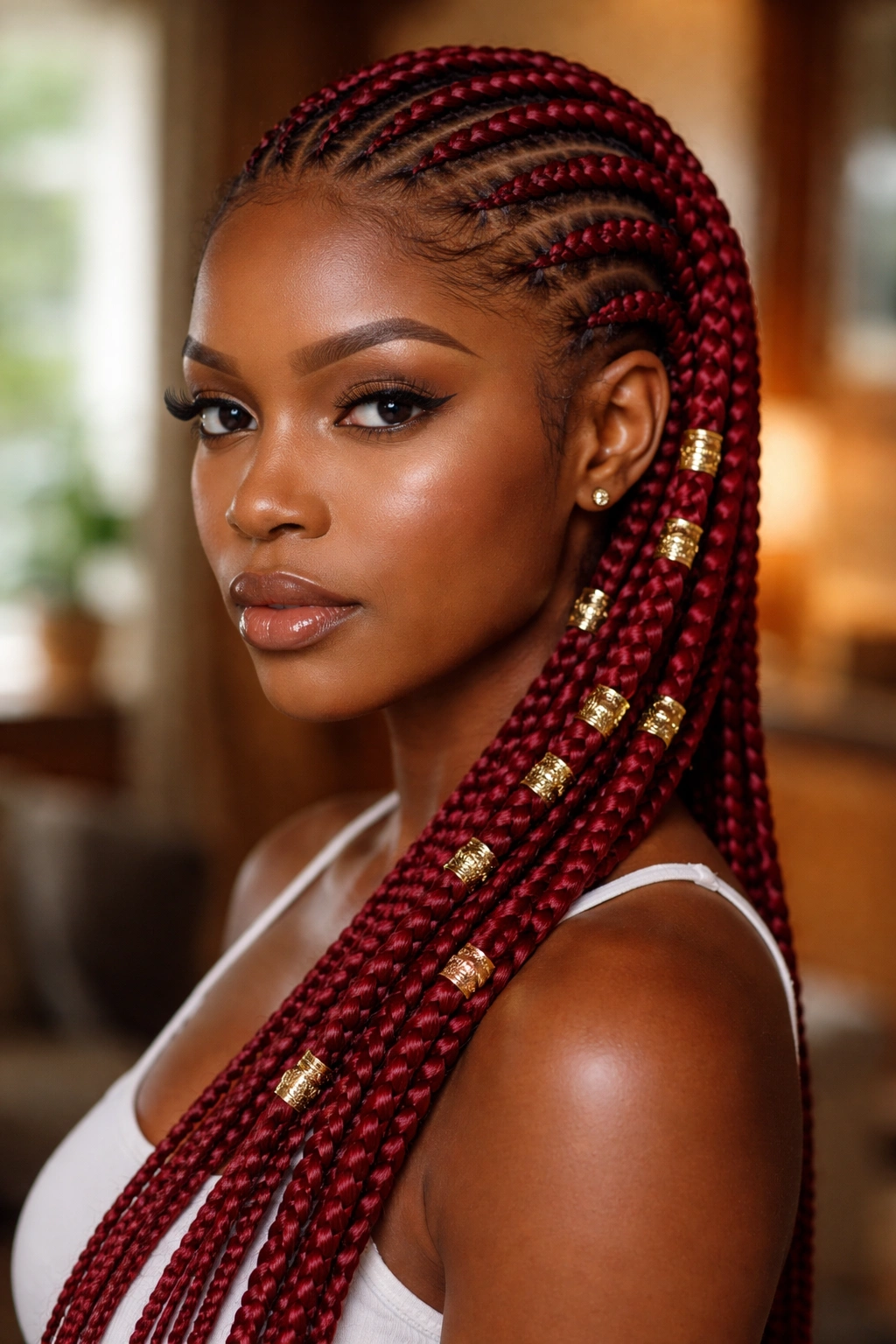 Close-up of cherry red cornrows with gold cuffs on a real person