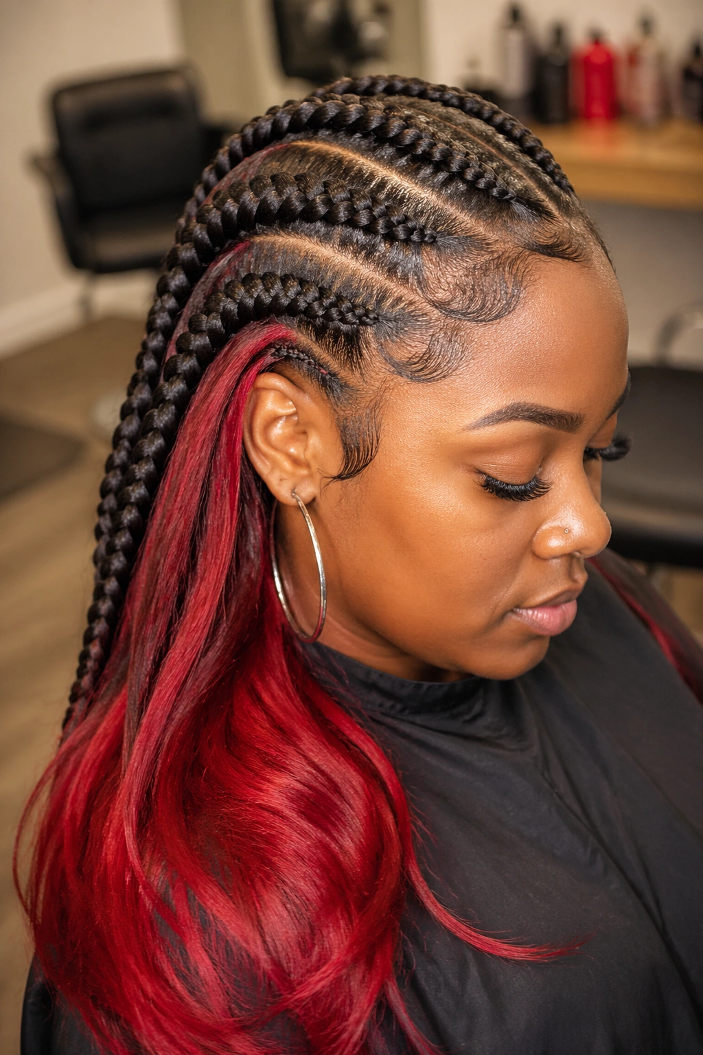 Real person with cherry-red jumbo cornrows and underlayer