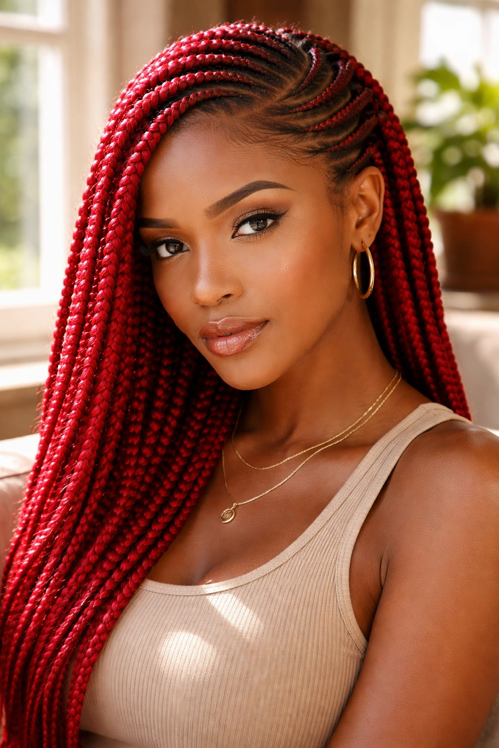 Close-up portrait of a real woman with cherry red lemonade cornrows sweeping diagonally across the head