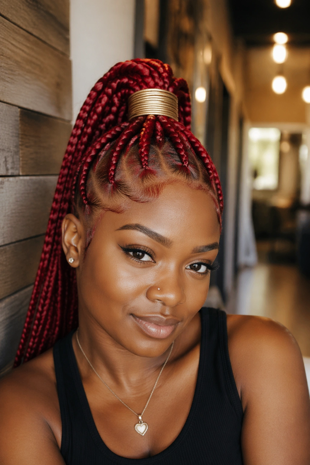 Medium close-up of cherry red feed-in cornrows in a high ponytail