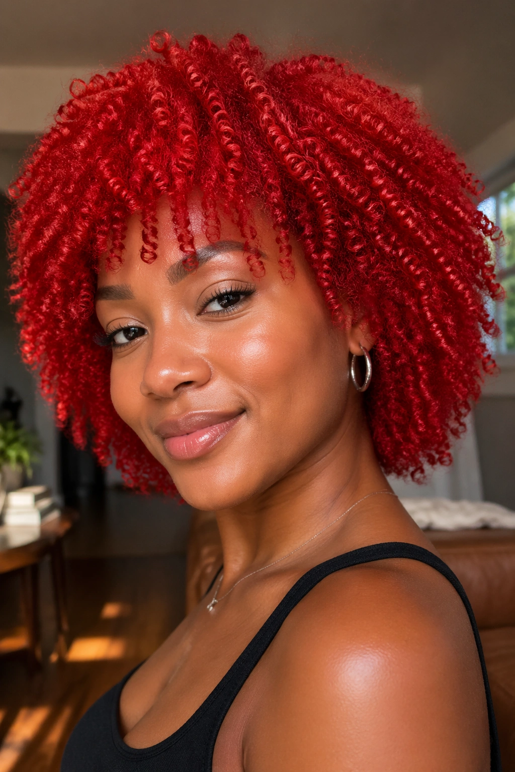 Close-up of a real woman with vivid cherry red curly hair filling the frame