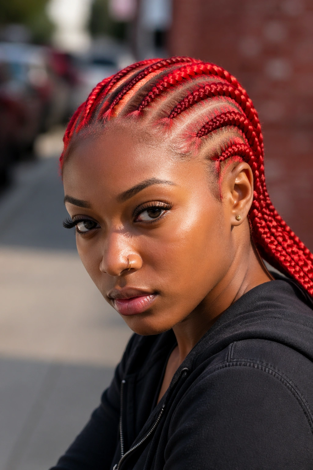 Real person with eight cherry red feed-in cornrows