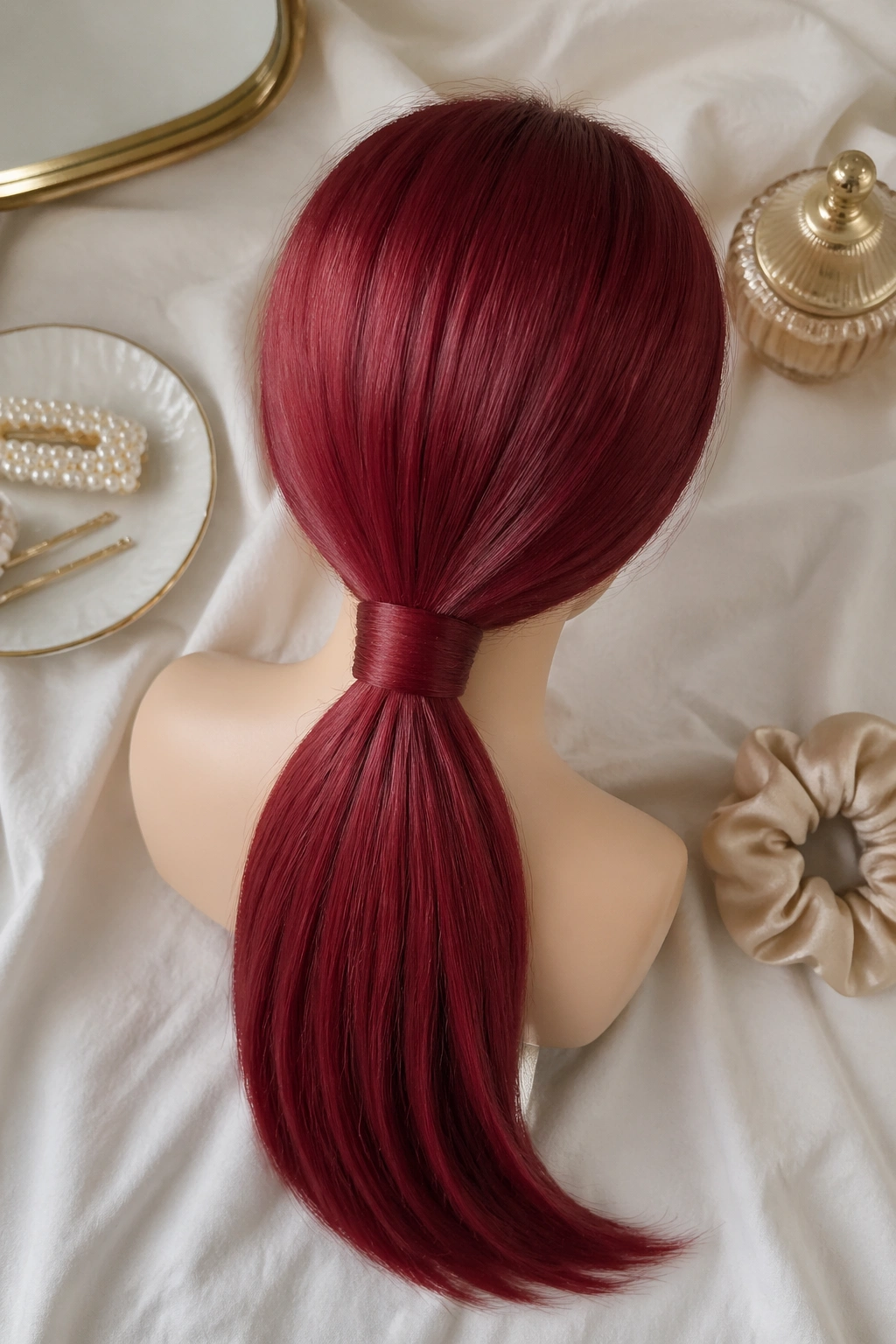 Overhead flat-lay of cherry red wrapped low ponytail on mannequin head.