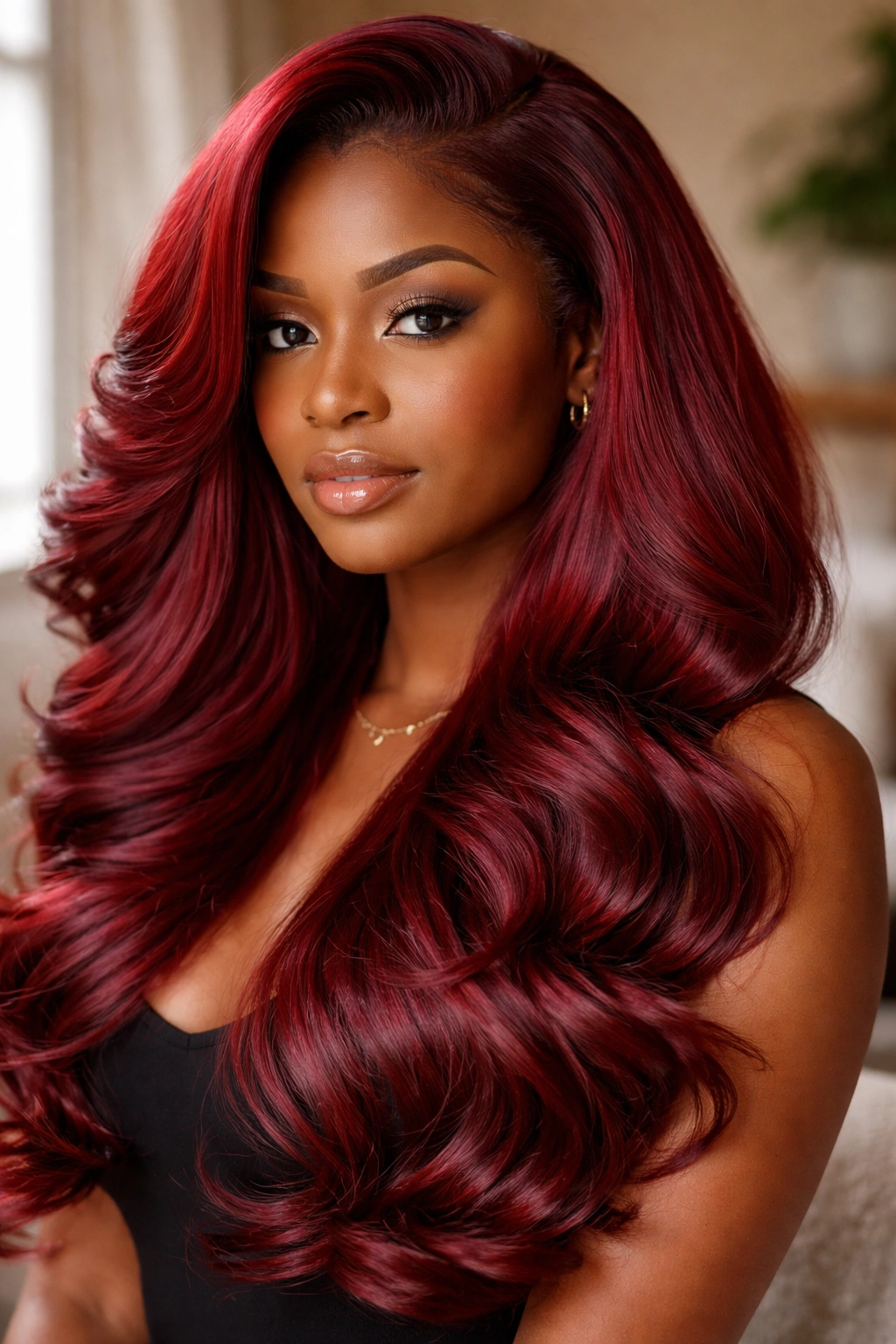 Real woman with cherry red silk-pressed hair in large body curls.