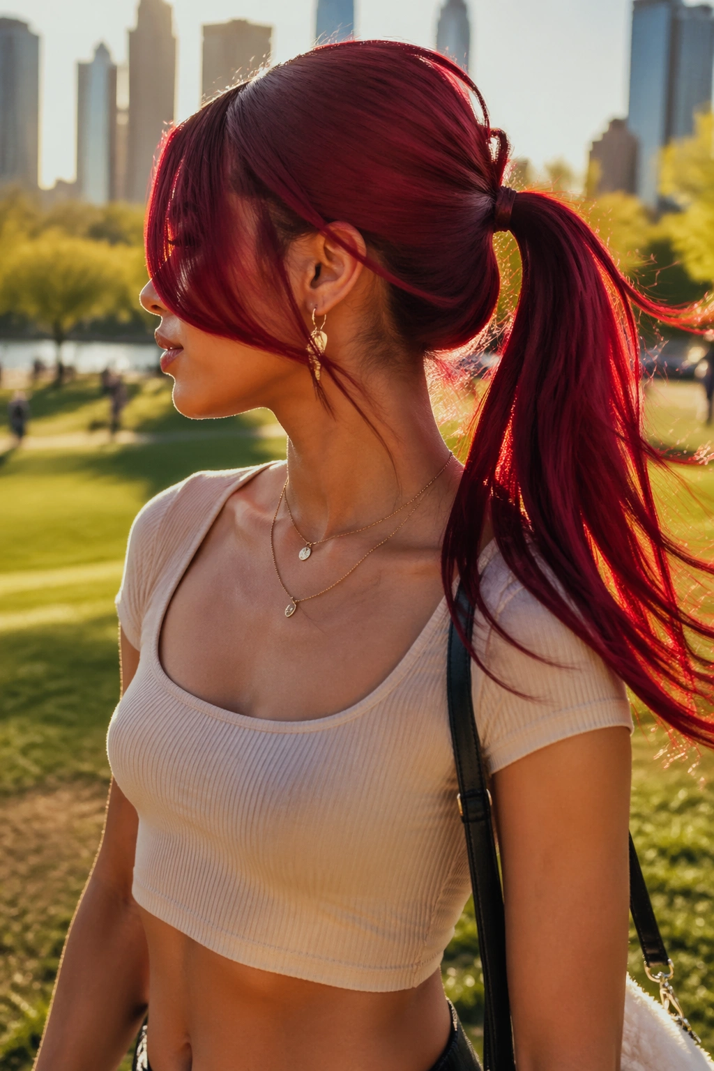 Cherry swoop ponytail with peekaboo layers outdoors