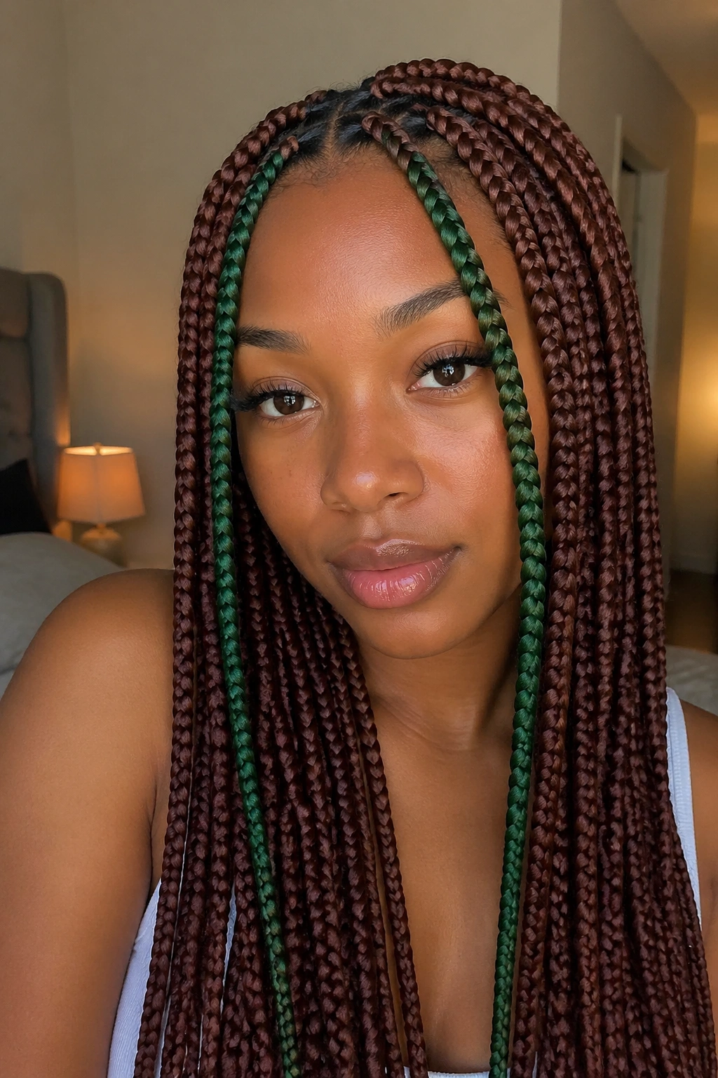 Real person with chestnut braids and green front framing pieces