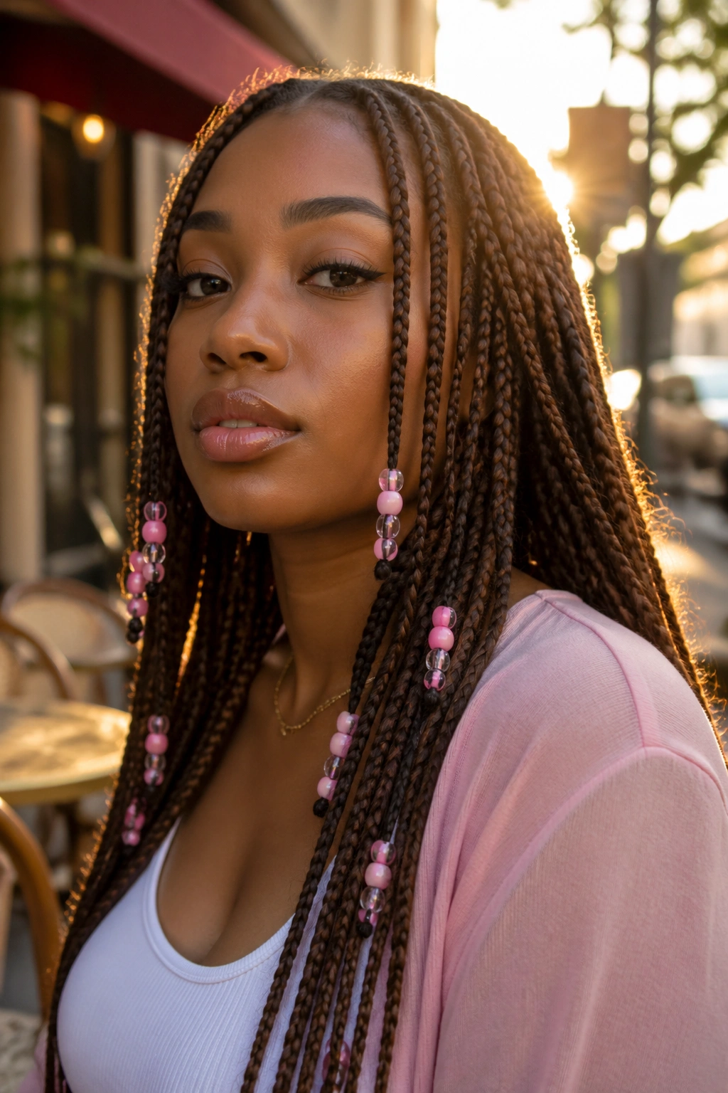 Chestnut brown braids with pink beads on a real person in warm street sunlight