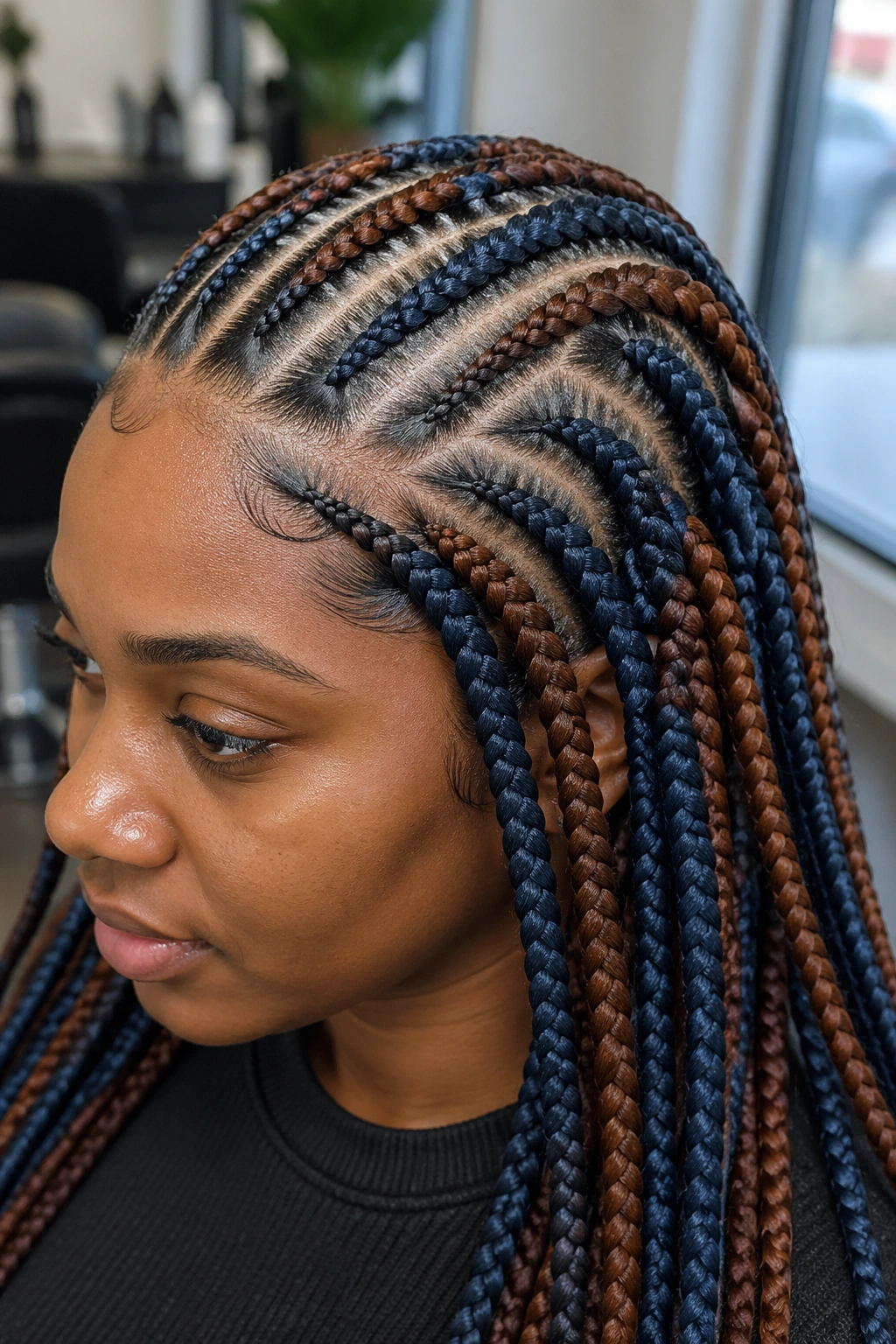 Real person with alternating chestnut brown and denim-blue feed-in braids.