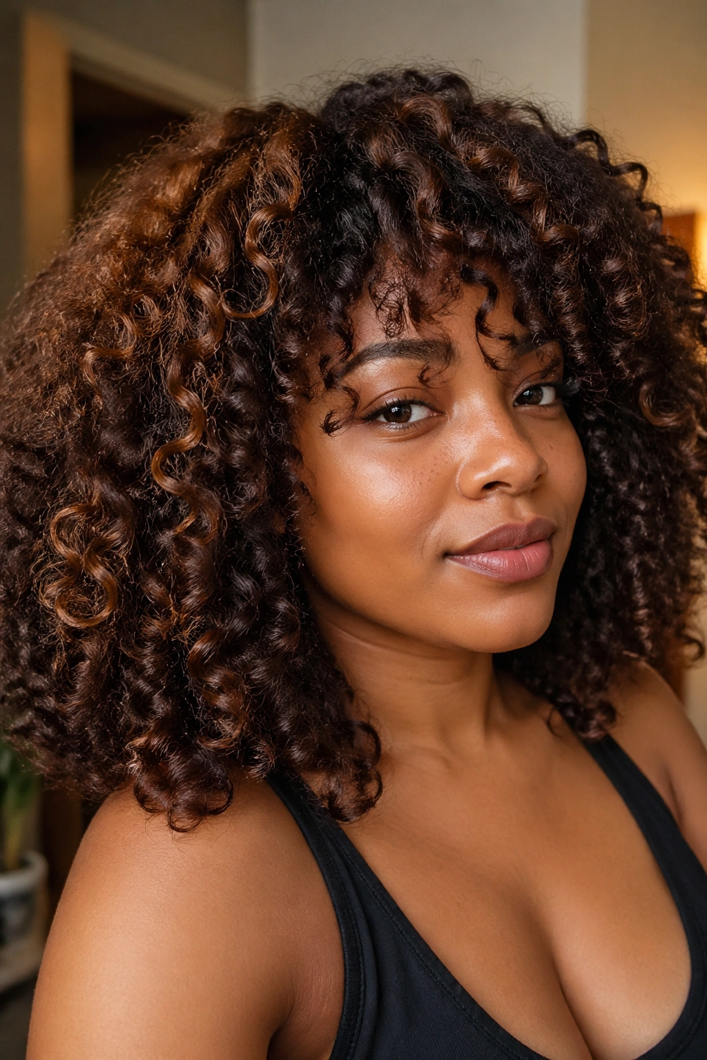 Close-up of dark natural curls with chestnut highlights catching light