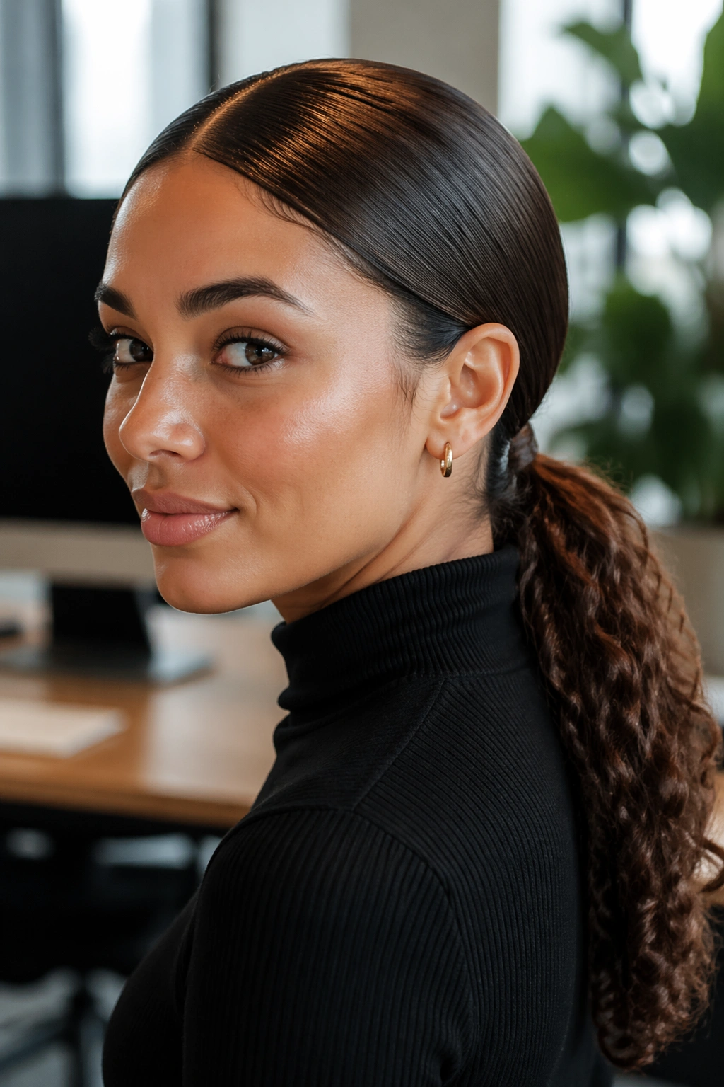 Close-up of a real woman with a sleek chestnut low ponytail at the nape under soft office light.