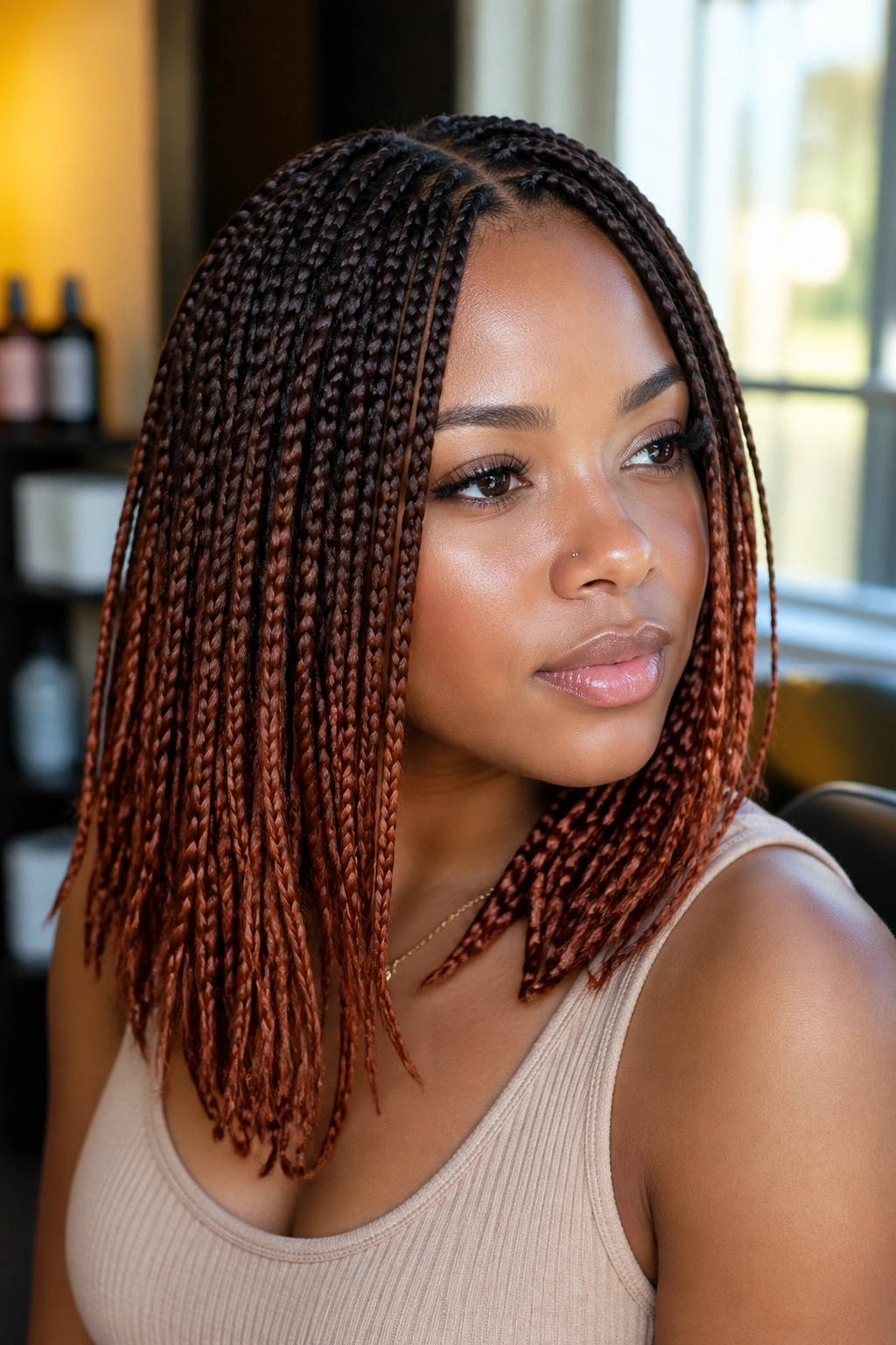 Close-up of a real woman showing chestnut roots and copper-ended box braids