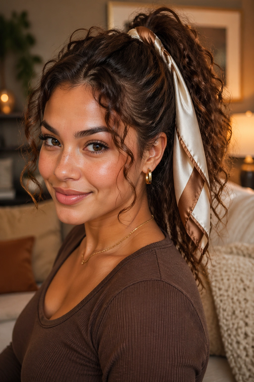 Close-up of real woman with chestnut hair and scarf tied at ponytail