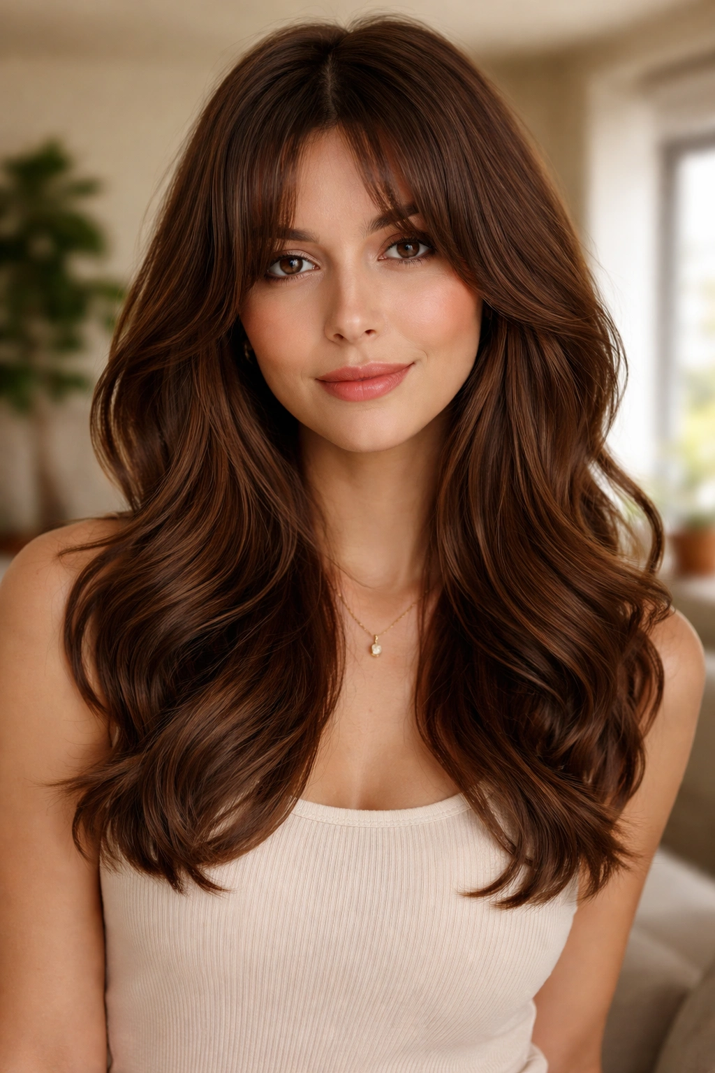 Close-up portrait of a real woman with chestnut brunette waves and flipped curtain ends.