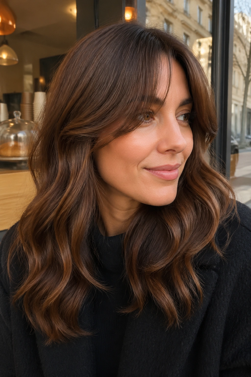 Portrait of a woman with chestnut hair styled in S-waves and cheekbone bangs by a cafe window