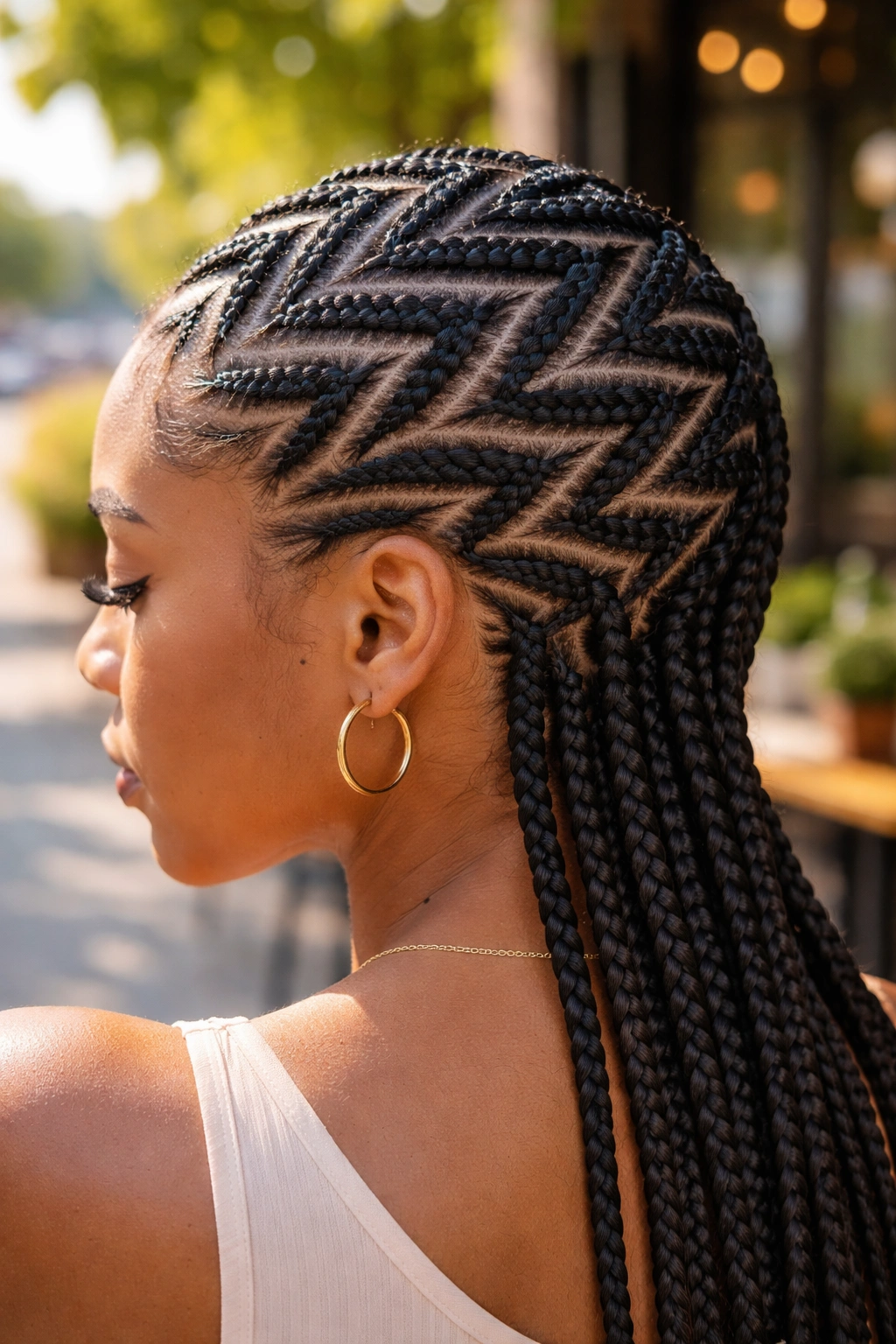 Close-up of a real woman showcasing chevron cornrows all over the scalp.