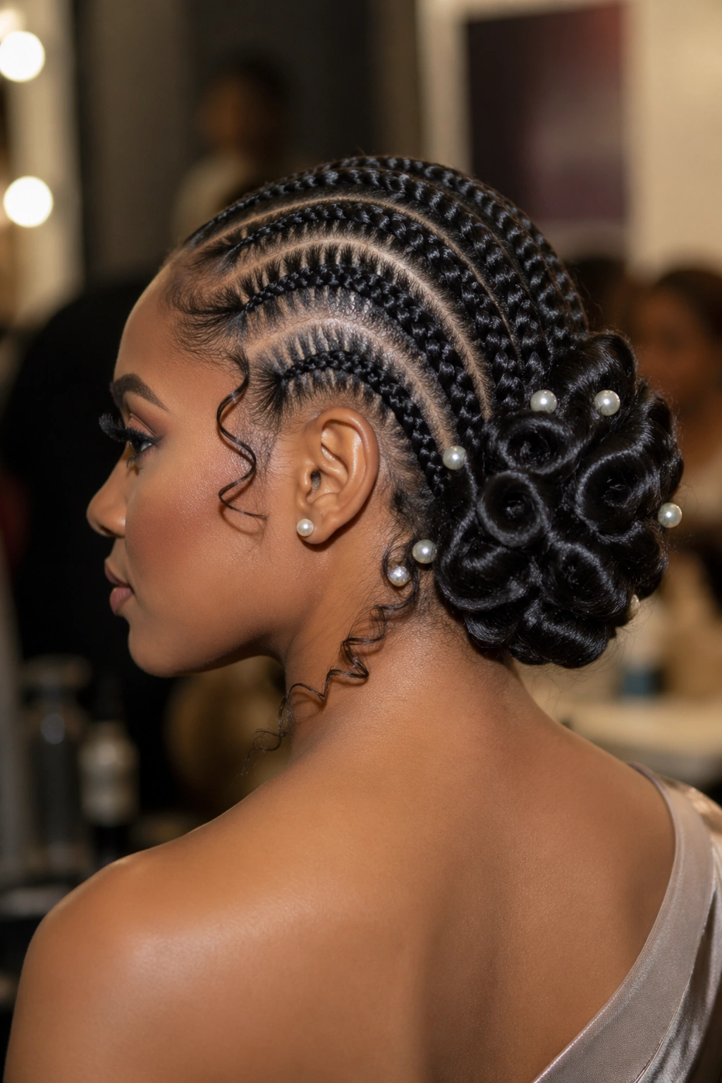 Close-up of a real woman showcasing an elegant chignon with pinned curls and hairpins.
