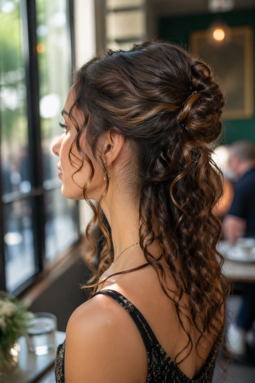 Side-profile view of tucked-under half-up chignon in cafe window light.