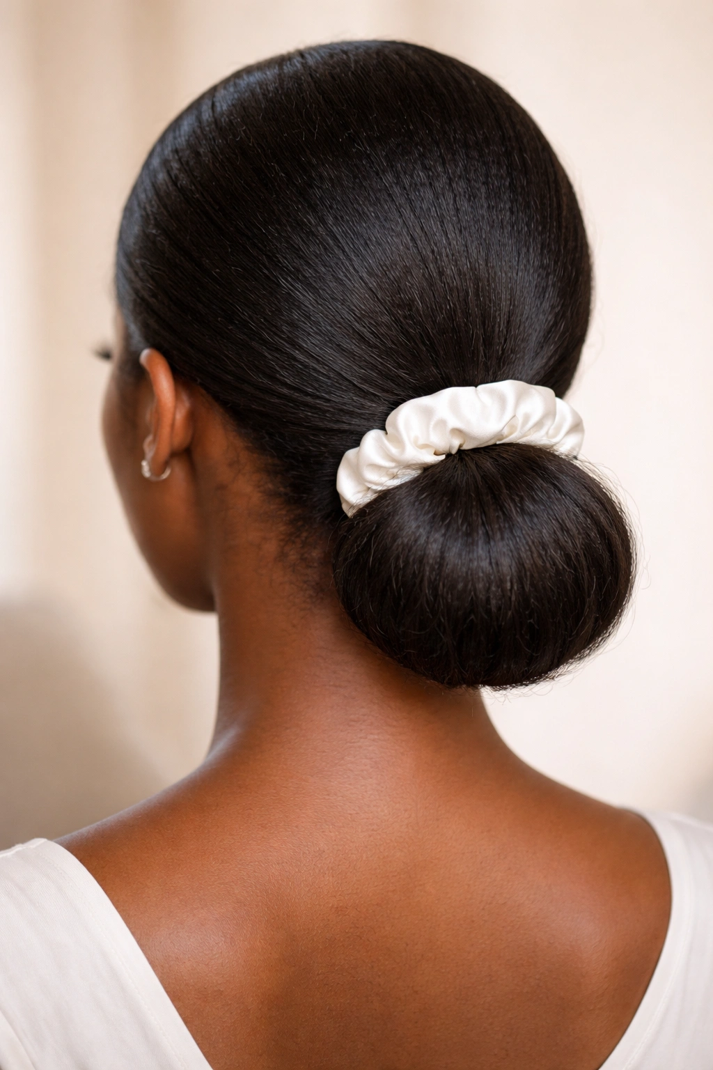 Soft, rounded chignon-ponytail at the nape with a tucked loop