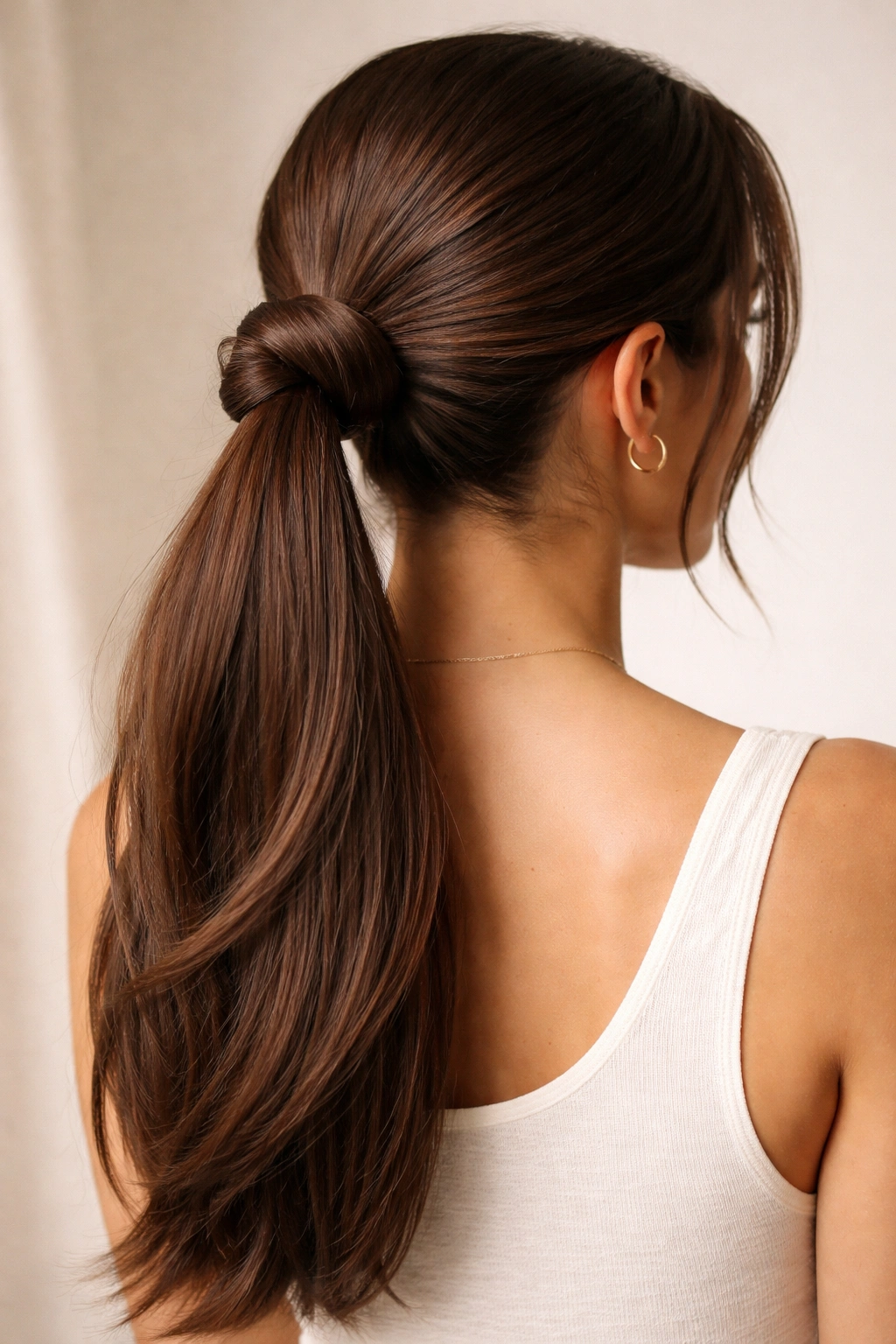 Ponytail with half-through loop forming a chignon-like base