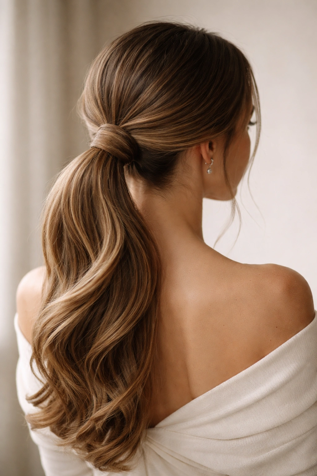 Low ponytail with a small bun at the base and wrapped tail around the elastic