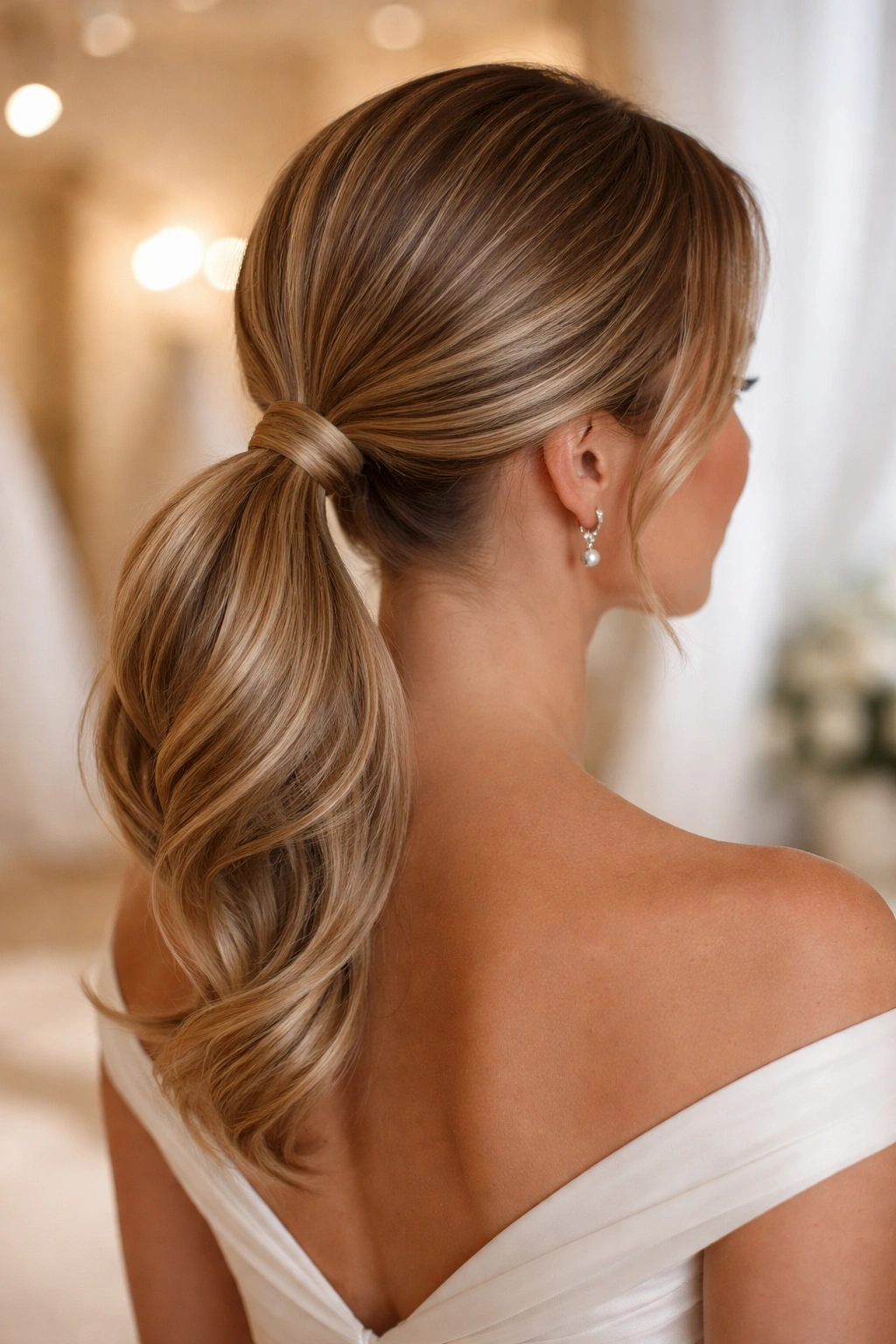 Real woman with chignon-ponhy hybrid hairstyle at bridal salon