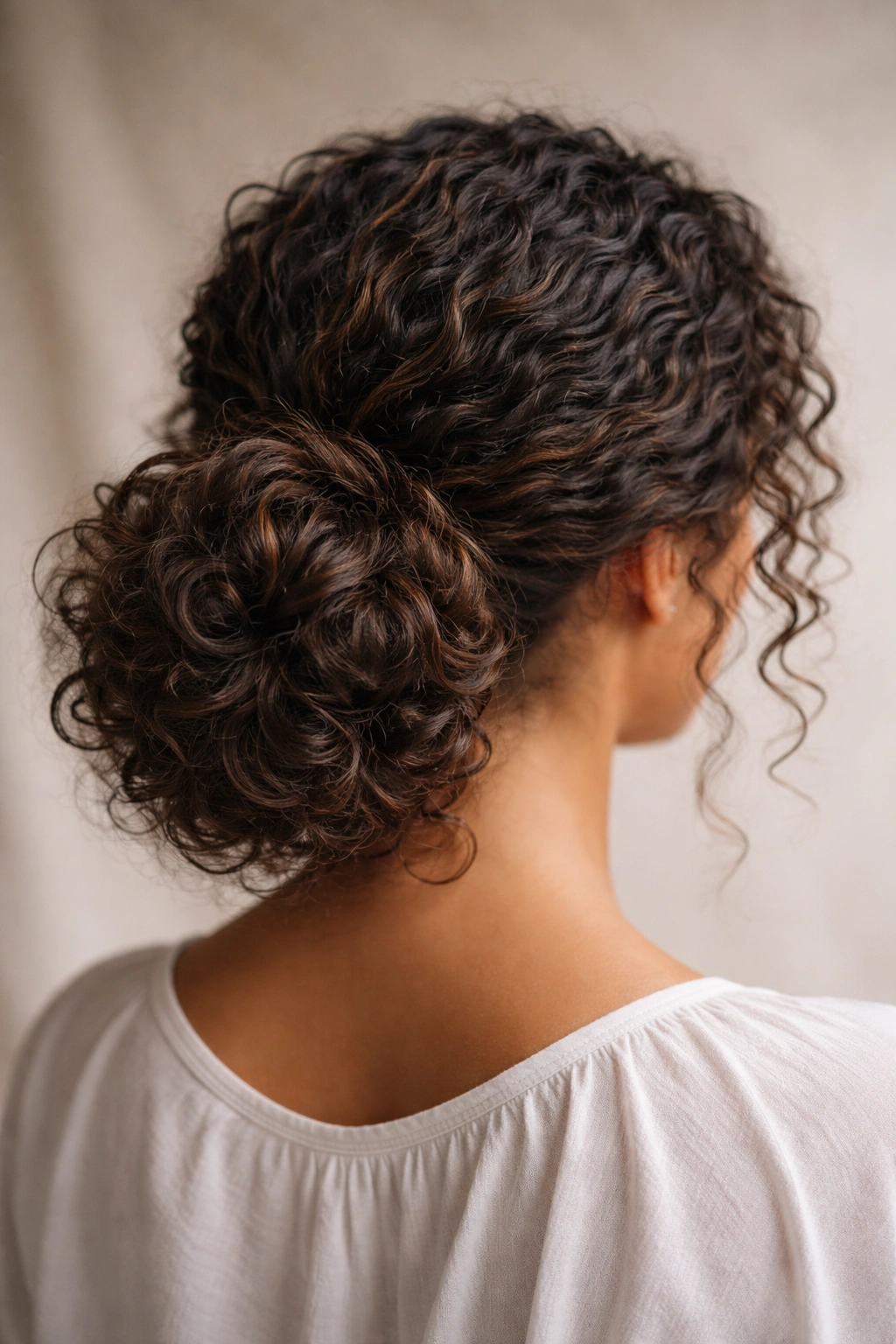 Back view of a loose low bun at the nape with curled texture and subtle pins
