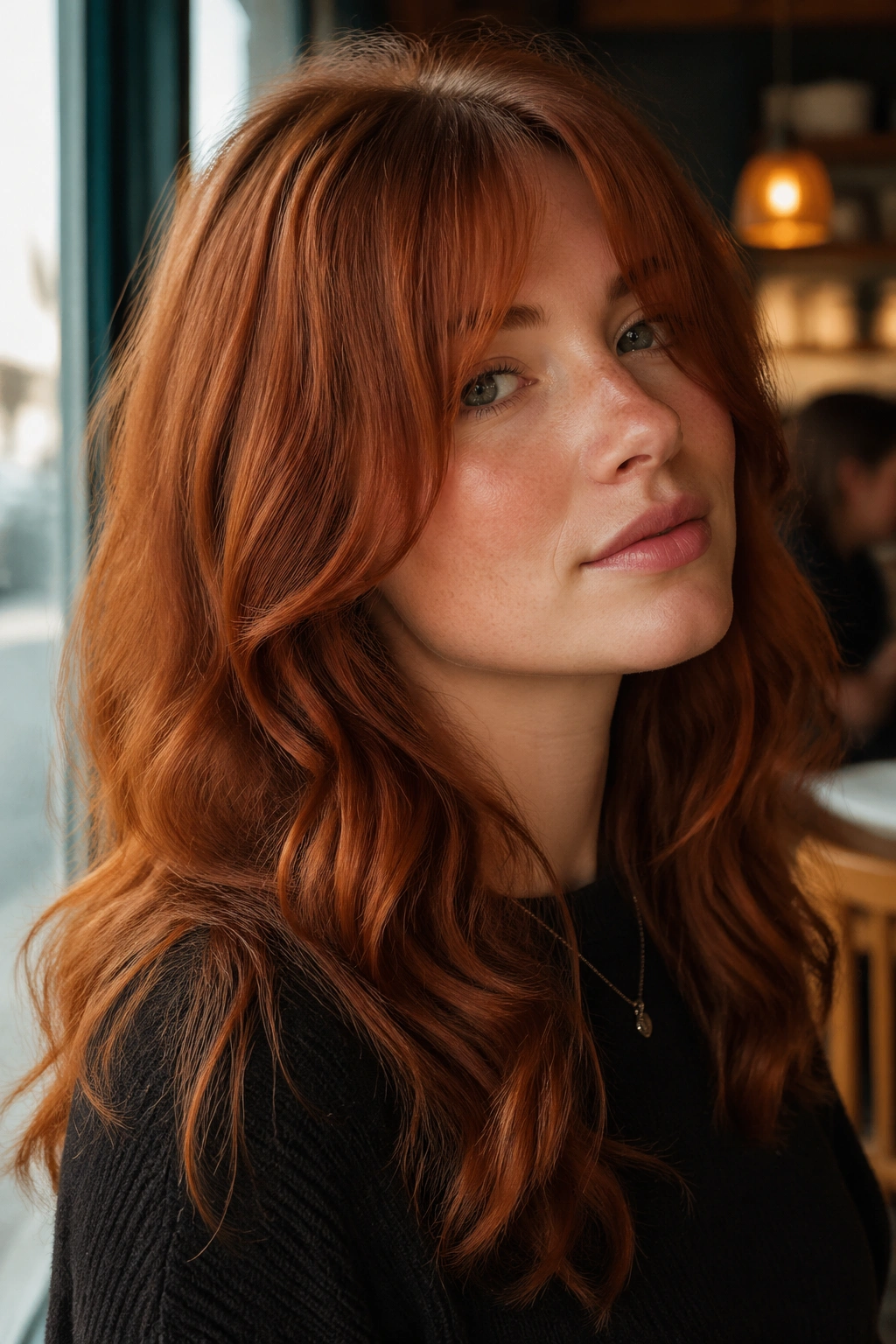Close-up of a real person with chin-grazing bangs curving along the jaw
