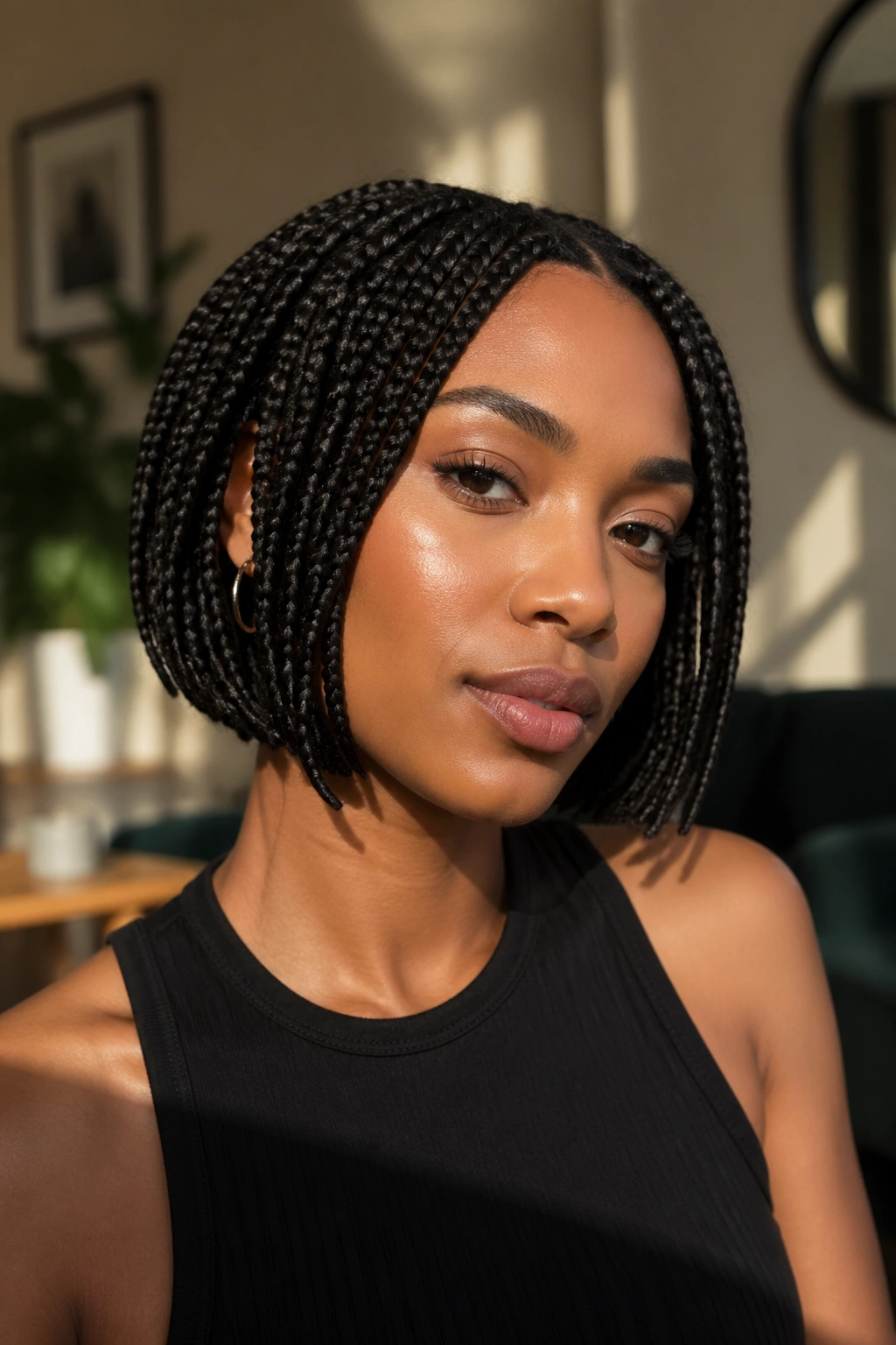 Close-up of a real woman with chin-length box braids framing the jaw
