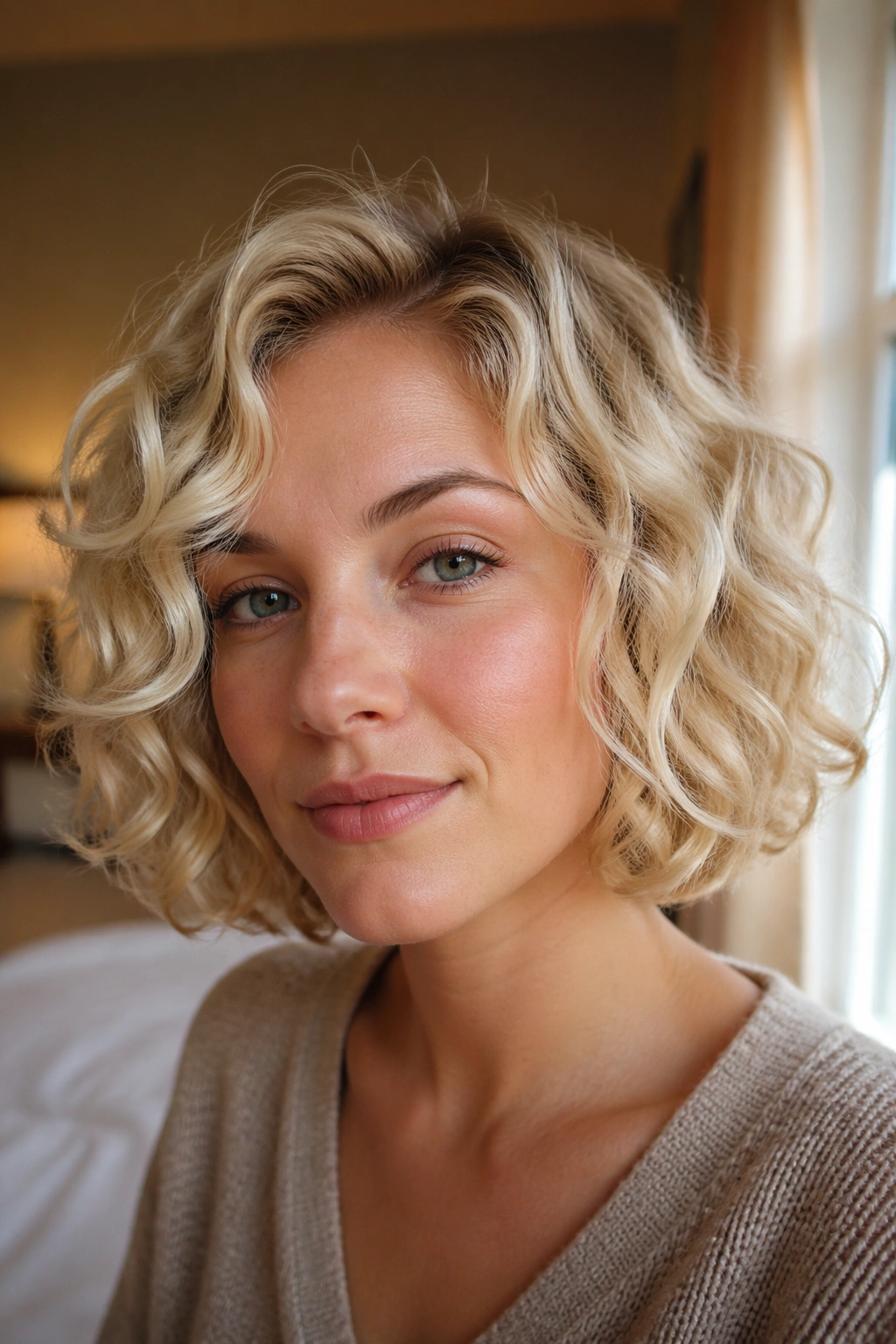 Close-up of a real blonde woman with chin-grazing curly lob in natural window light.