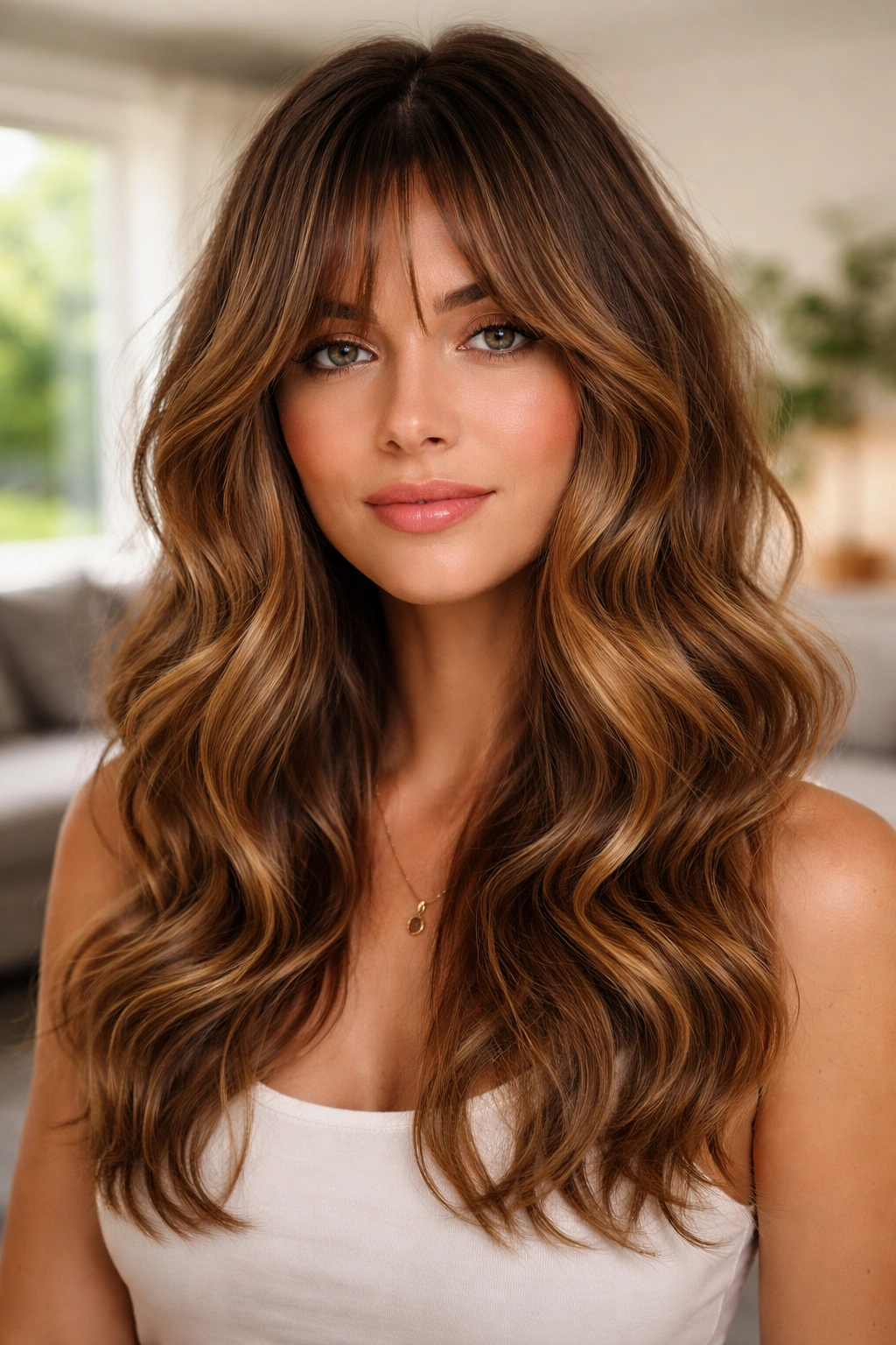 Close-up of a real person with chin-grazing curtain bangs on big waves in natural light