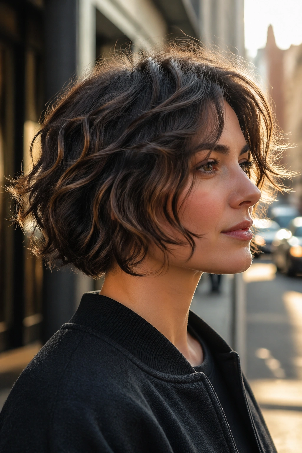 Close-up of real person with chin-grazing layered cut in soft afternoon light
