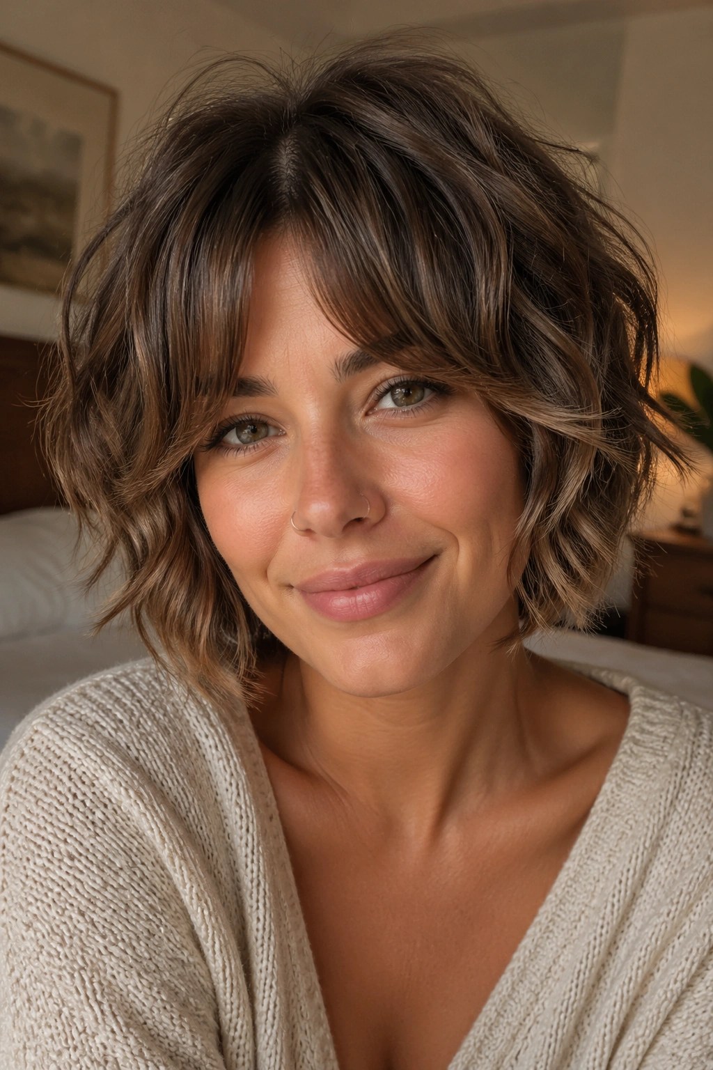 Close-up of a real woman wearing a chin-grazing shag with curtain bangs