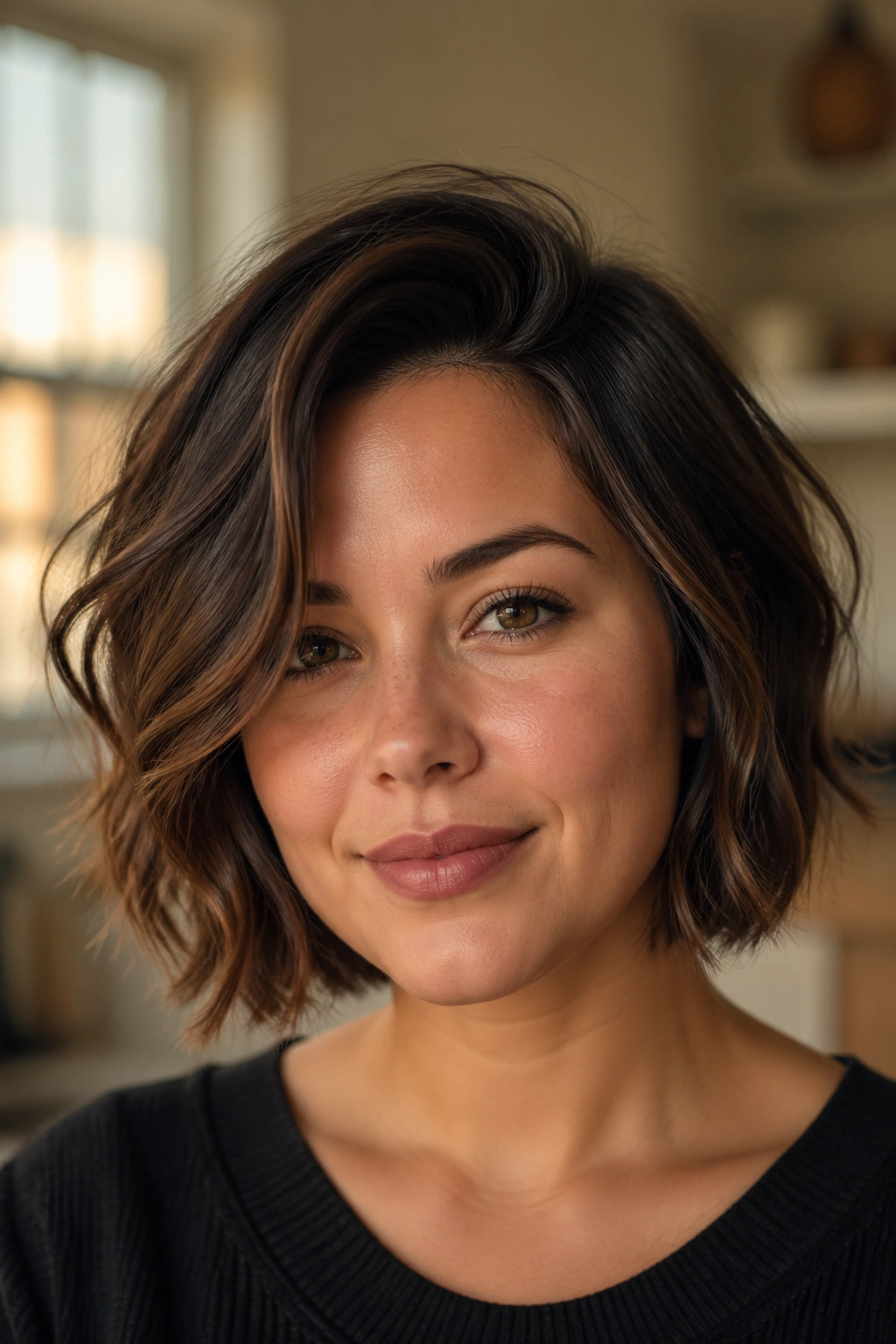 Close-up portrait of a real woman with a chin-grazing wavy bob and soft-edged waves