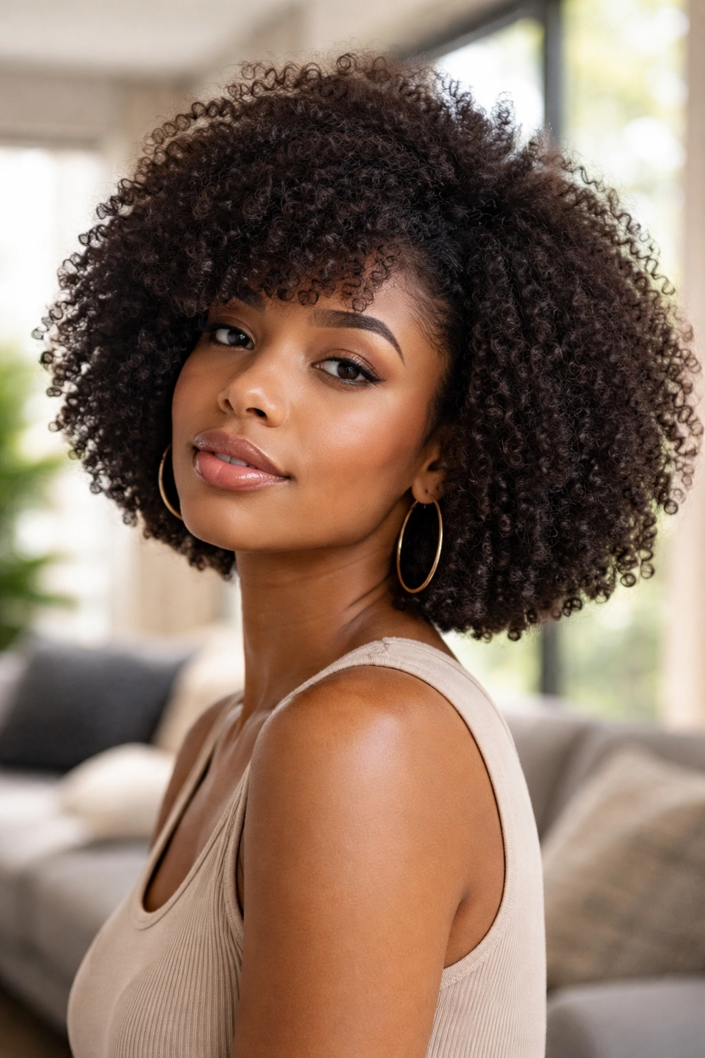 Close-up of a real woman with chin-length Afro Bob and crown volume
