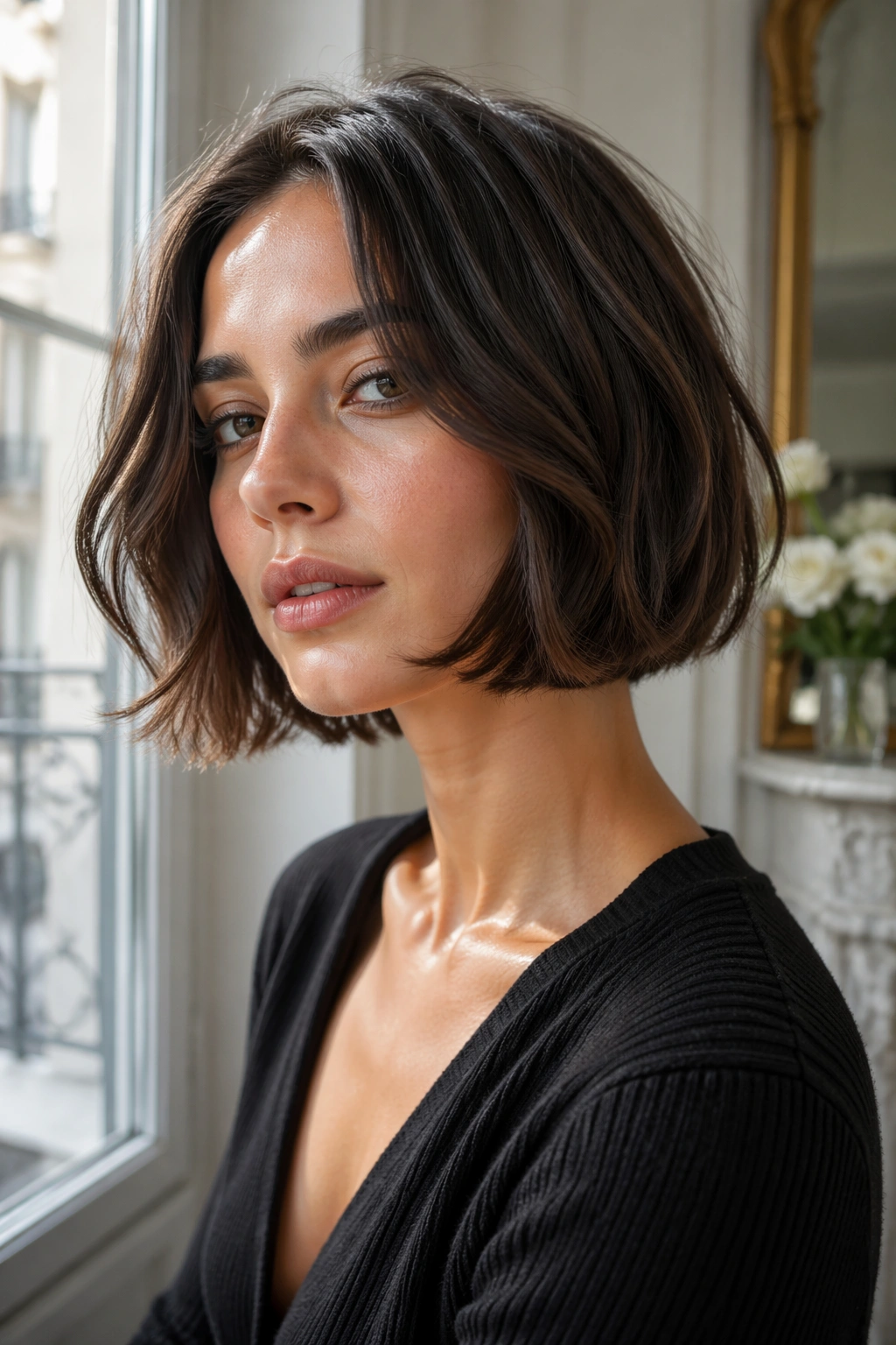 Close-up of a woman with a chin-length blunt bob and angled cut