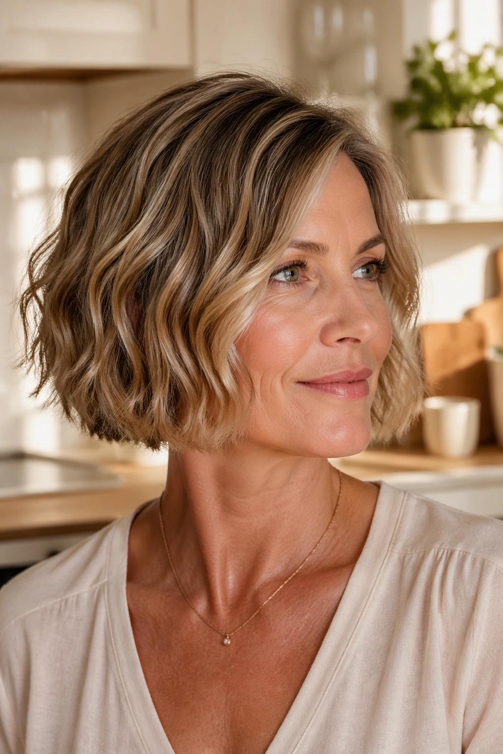 Portrait of a real woman with a chin-length wavy bob
