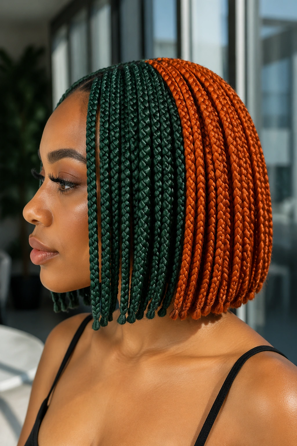 Chin-grazing bob with green and orange box braids on a real person