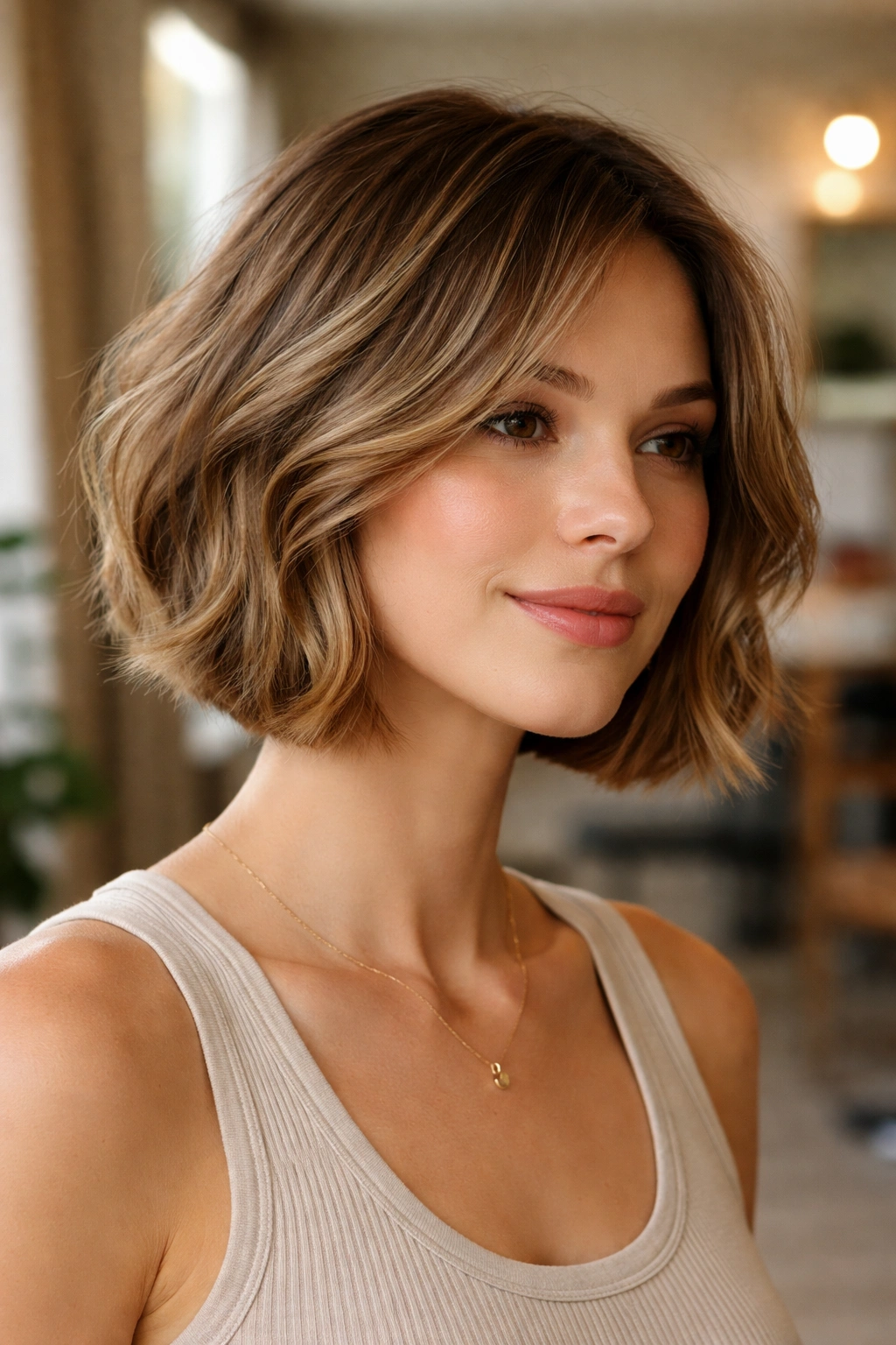 Close-up of a real woman with a crisp chin-length bob and soft interior layers